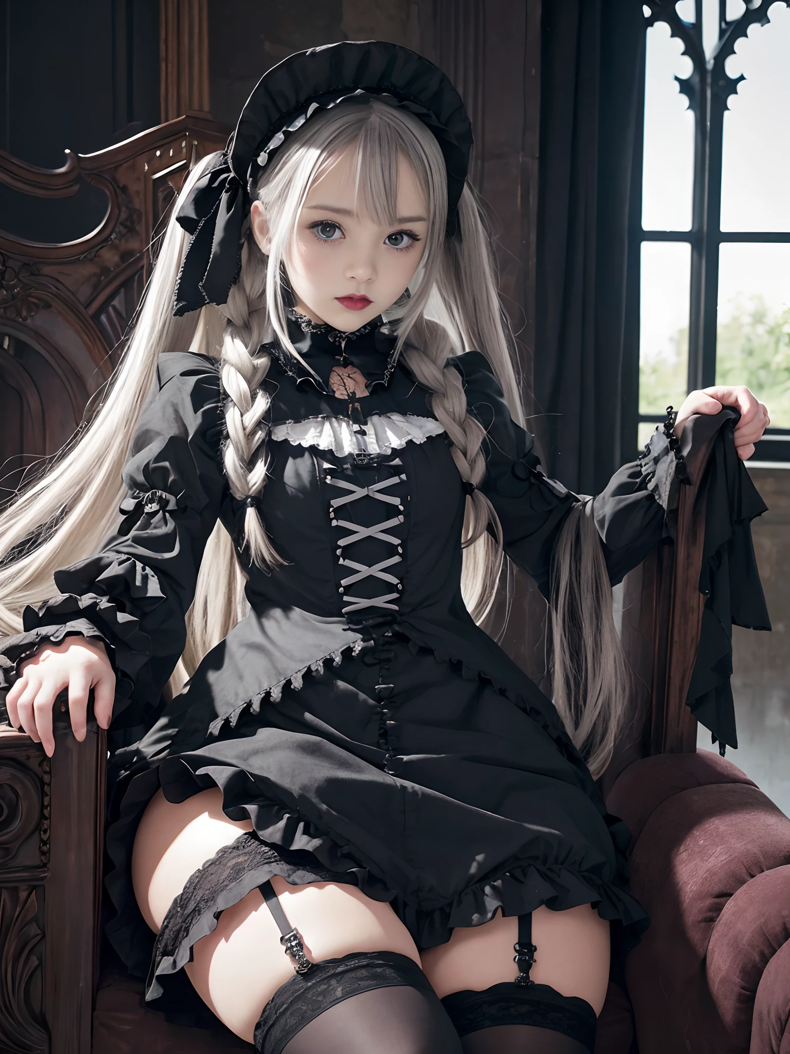 1girl in, masutepiece, superlative, High resolution, (Gothic_ta:1.4), Stockings, Gray hair