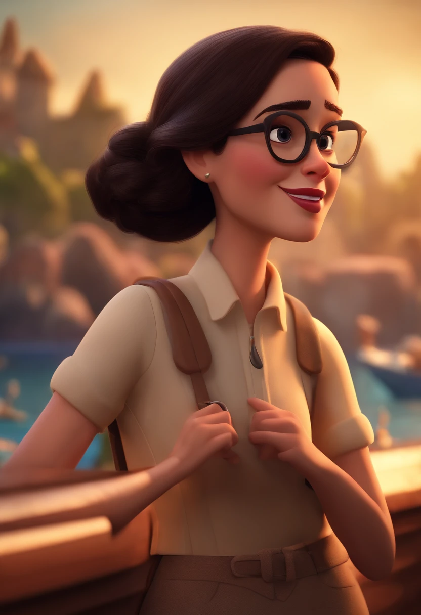 Pixar style image with glasses 3D character brunette woman with long straight short dark hair, Maquiagem Disney,Pescador, bonitinho, sorridente ,Close-up, Pixar, Disney, Cinema lighting,