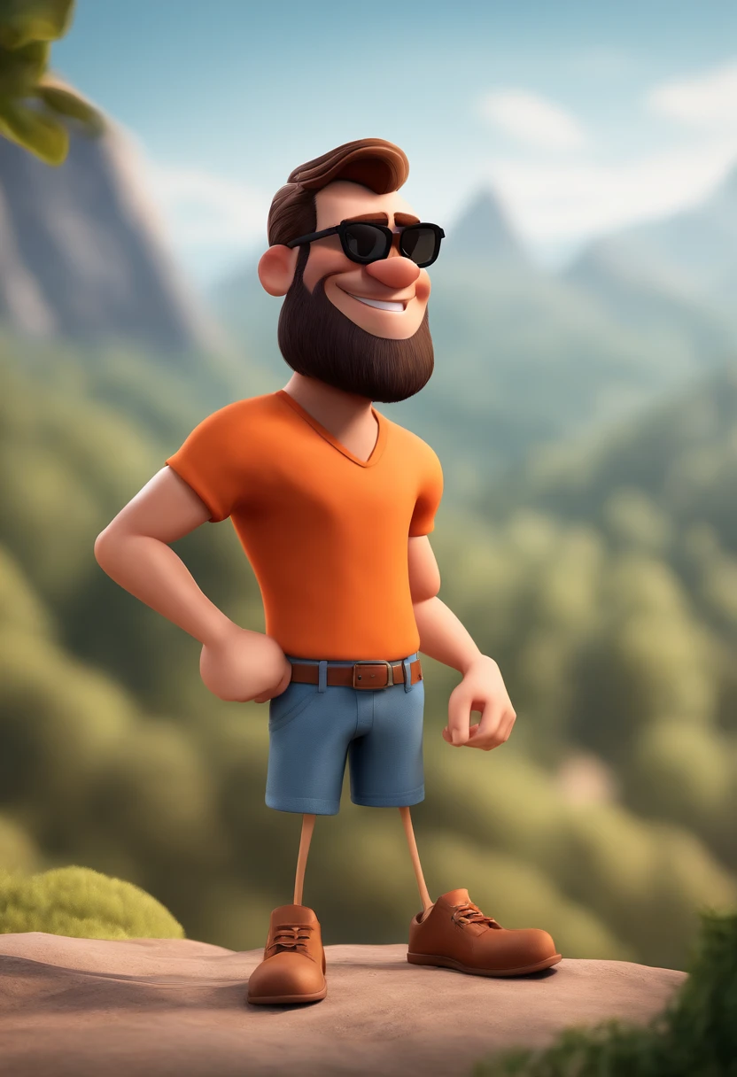 MAKE a Disney Pixar Style Character Style Display Poster "ALMA DISNEY PIXAR "Cartoon of a thinly bearded brunette man wearing black sunglasses and an orange t-shirt, um personagem animado, com roupas de trekking e mochila nas costas, Caractere estilizado, animation style rendering, 3D estilizado, Arnold Maya render, 3 d render stylized, toon render keyshot, Personagem 3D, Personagem 3D, 3d rendering stylized, 3 d character render, personagem de desenho animado, Personagem de close up, Pose de personagem, (Estilo Pixar) (master part:1.2) (Bokeh) (melhor qualidade) (pele detalhada) (textura detalhada) (8k) (argila) (Cinematic lighting) (foco nítido,Senta e vaza a parte superior do corpo