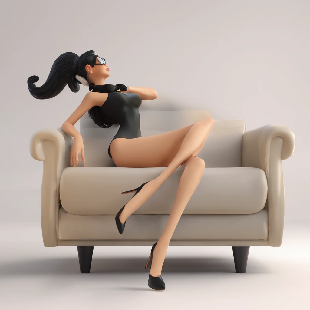 Crie um cartaz inspirado na Disney Pixar com  uma mulher parda de cabelo liso preto partido no meio com jaleco branco,alta,in high heelsattending to a person who is lying on the couch