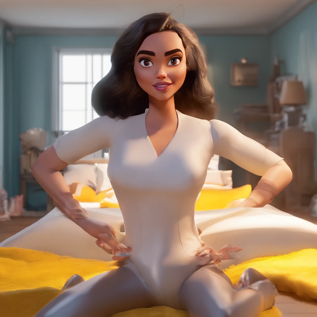 Crie um cartaz inspirado na Disney Pixar com  uma mulher parda de cabelo liso preto partido no meio com jaleco branco,alta,in high heelsattending to a person who is lying on the couch