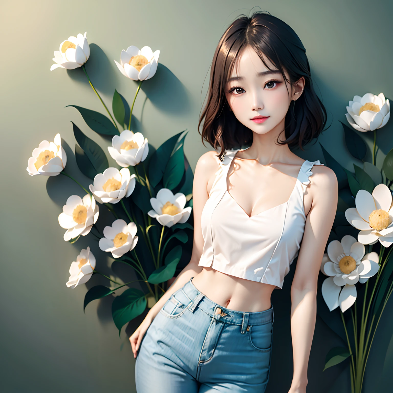 (Crop style)、Gentle and charming young Chinese woman, Half-length photo, huge tit:1.2、Delicate and sexy collarbone, charming oval face, Double eyelids, Bright peach blossom eyes, Pink lips, small nose, Bare shoulders, Focused face, Face Close-up, The ultra -The high-definition, Super Details, Elegant standing position, Korean Style Puff Sleeve Square Color Slim Short Shirt, Pair with a high-waisted light-colored jeans suit、Bright taste、Ultra High Quality,(paper_cut:1.15)
