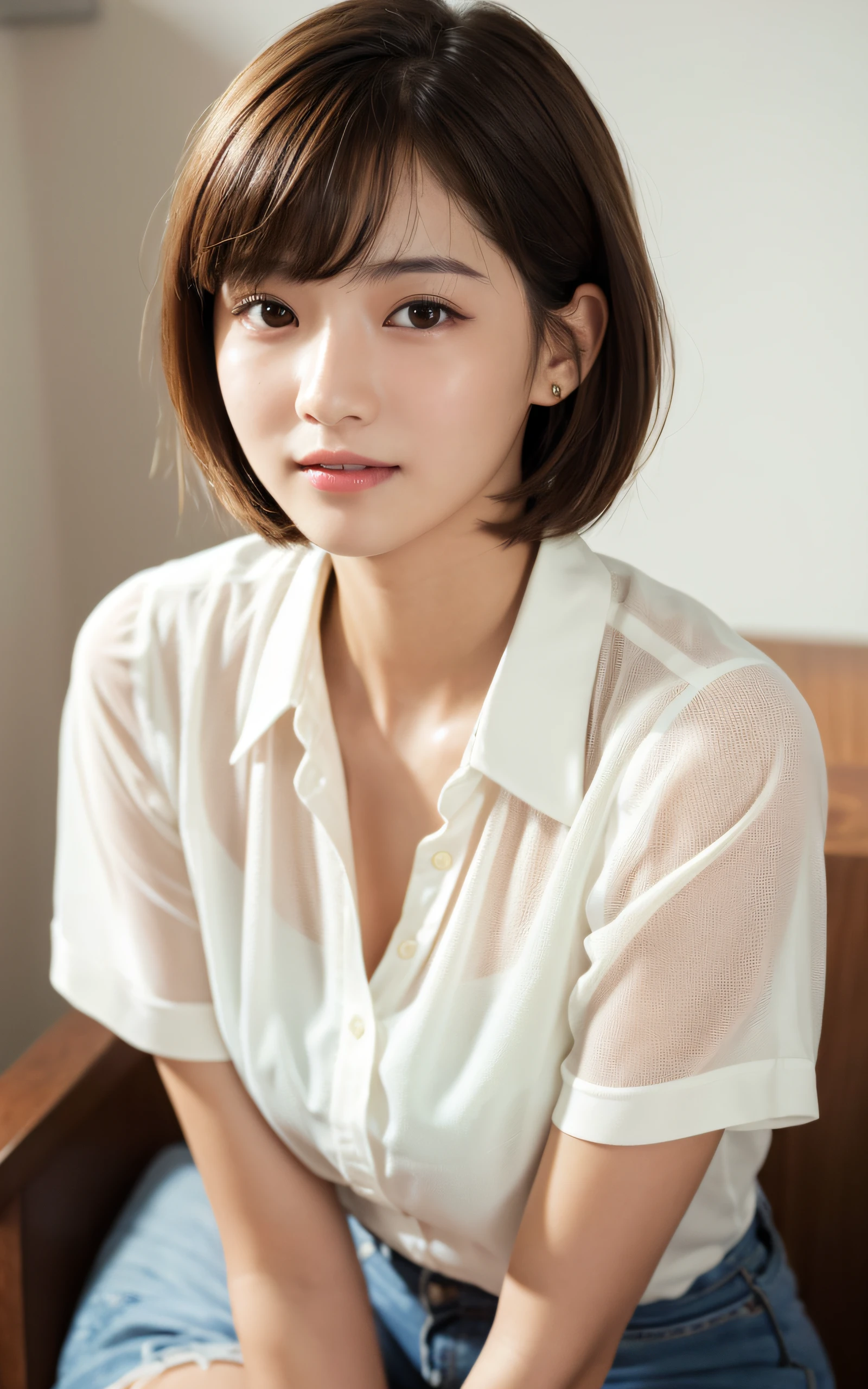 (Photo Real:1.4), (hyper realisitic:1.4), (Smooth lighting:1.05), 1 girl, (sad:1.5), neat and clean beauty, Close-up of the face, 22 years old, Soft lighting, Back lighting, (cheerfulness:1.2), (Finest Real Textured Skins), Narrow-eyed, Super fine face, Gravure Idol Pose, glowy skin, retinas, Anatomically correct, acurate, Super Detail, Textured skin, High quality, high details, Best Quality, High resolution, bangs, Silk Blouse