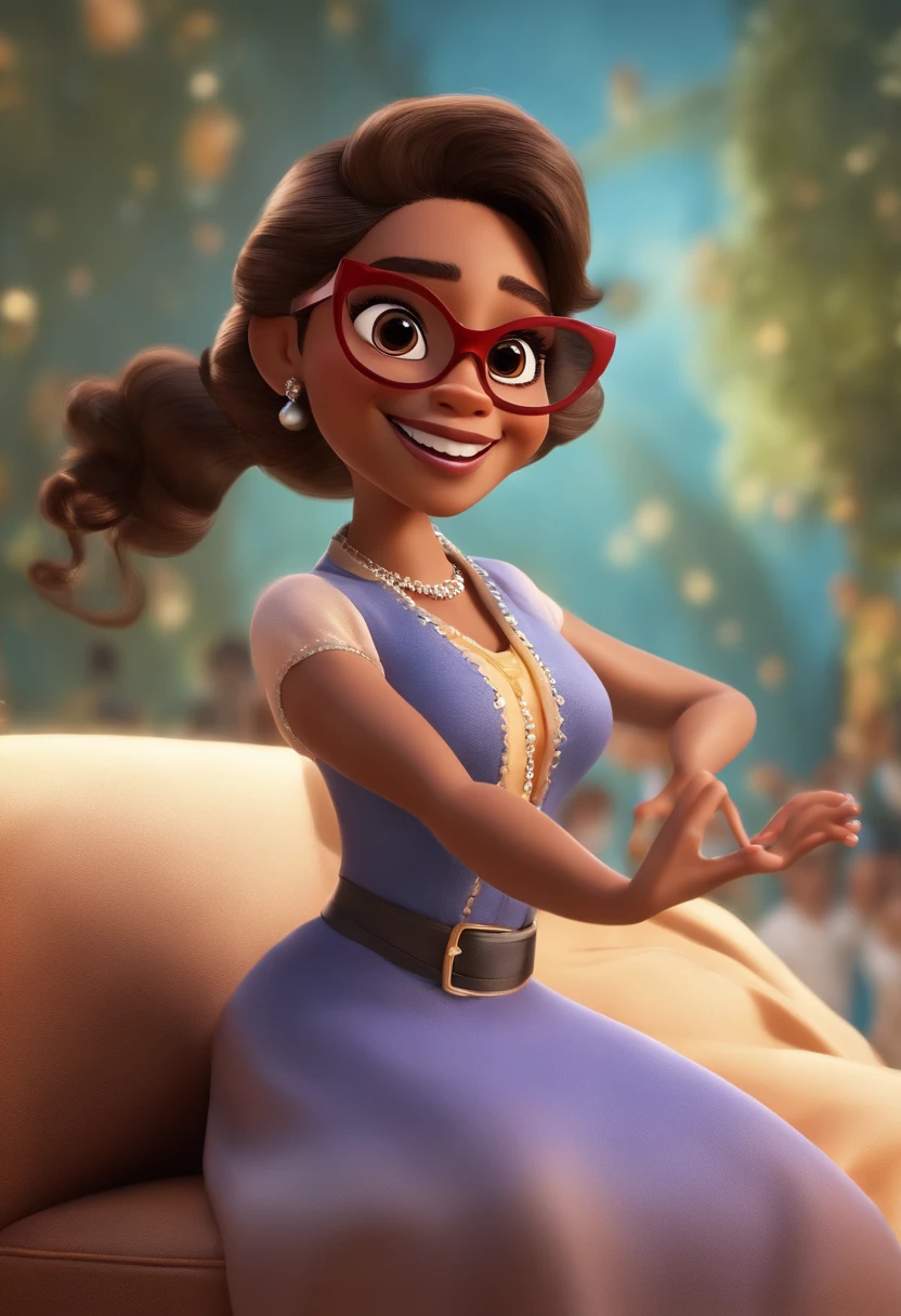 "(best quality,ultra-detalhado,Realistic:1.37),3D rendering,illustration,design de personagens,cabelos preto pelos ombros e cacheados ,belos olhos detalhados,wearing prescription glasses,Estilo Pixar,mulata mulher,Dancing on the Disney stage,atmosfera animada,vivid colors,luzes de palco,expression joyful, vestindo vestido preto,"