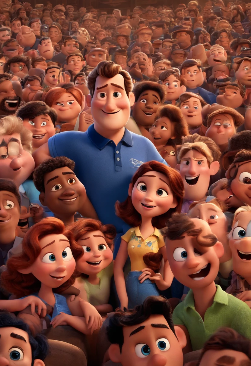 CARTAZ DE UM FILME DA DISNEY PIXAR. com as logos disney e pixar. Homem 54 anos, sorridente, cantor ,forte, sem barba , careca, Wearing a navy blue polo shirt surrounded by fans.