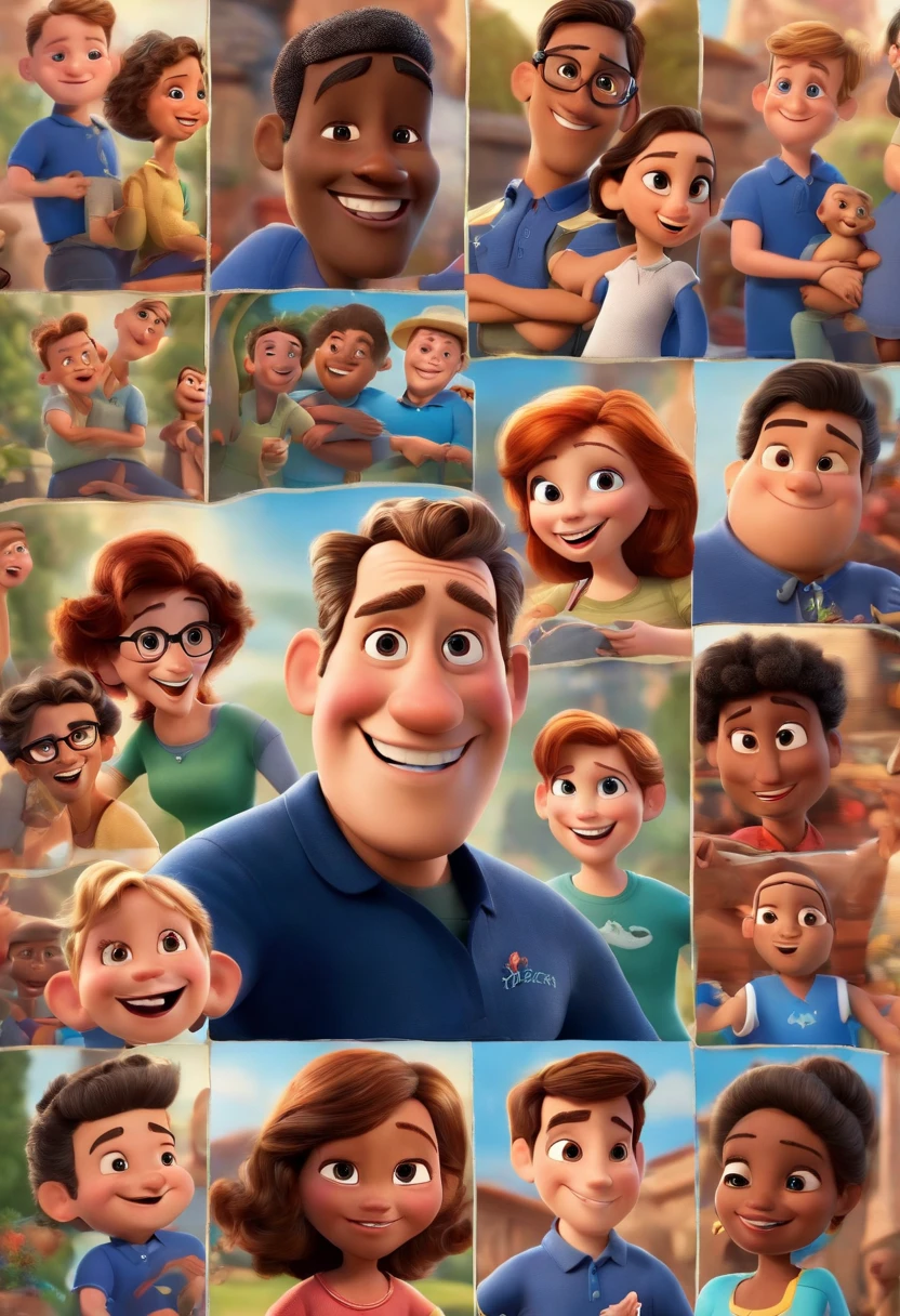 CARTAZ DE UM FILME DA DISNEY PIXAR. com as logos disney e pixar. Homem 54 anos, sorridente, cantor ,forte, sem barba , careca, Wearing a navy blue polo shirt surrounded by fans.