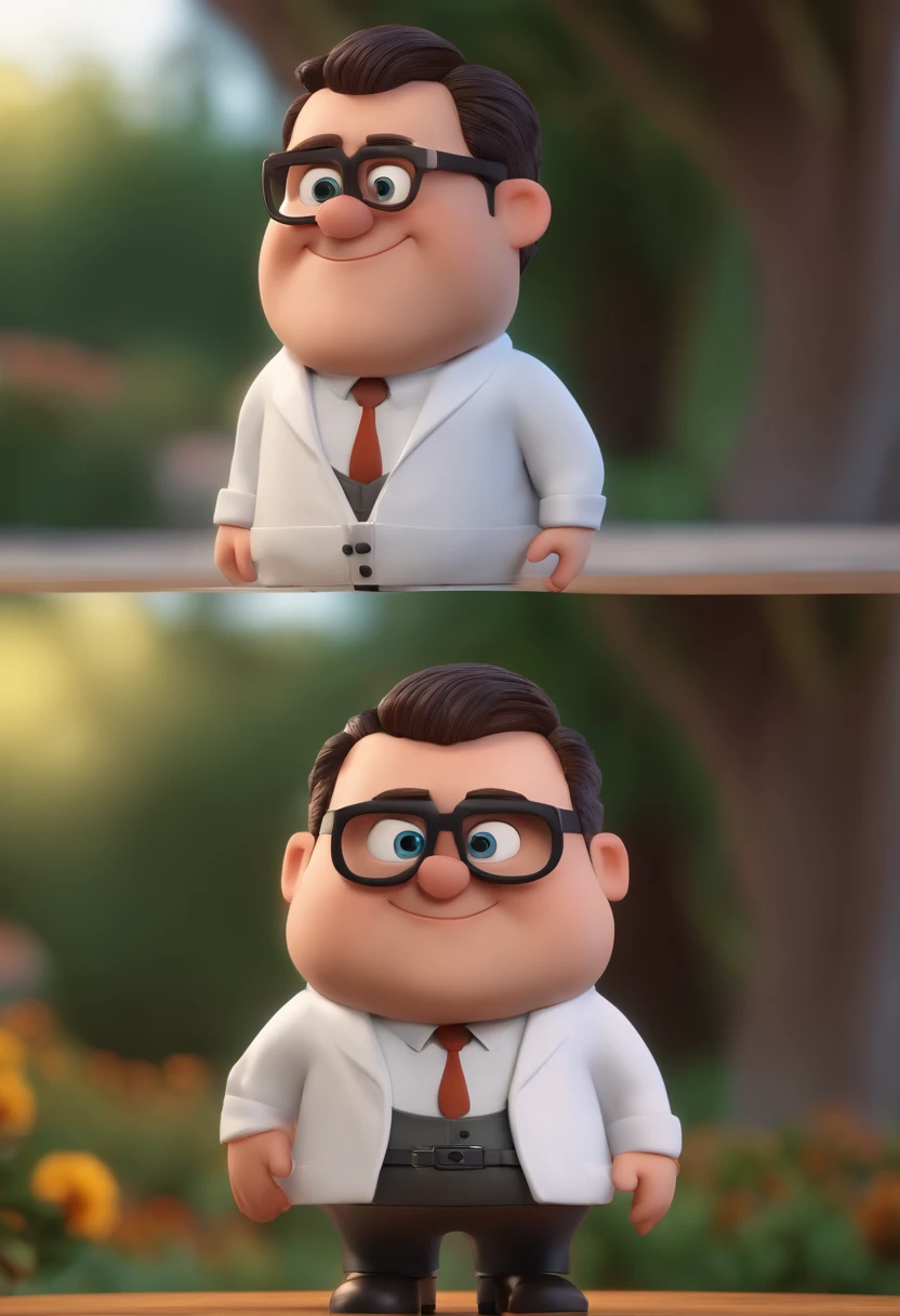 Cartoon character of a man with black glasses and a white lab coat, animation character, Caractere estilizado, animation style rendering, 3D estilizado, Arnold Maya render, 3 d render stylized, toon render keyshot, Personagem 3D, Personagem 3D, 3d rendering stylized, 3 d character render, personagem de desenho animado, Personagem de close up, Pose de personagem,  (Estilo Pixar) (master part:1.2) (Bokeh) (best quality) (pele detalhada) (textura detalhada) (8k) (argila) (Cinematic lighting) (foco nítido