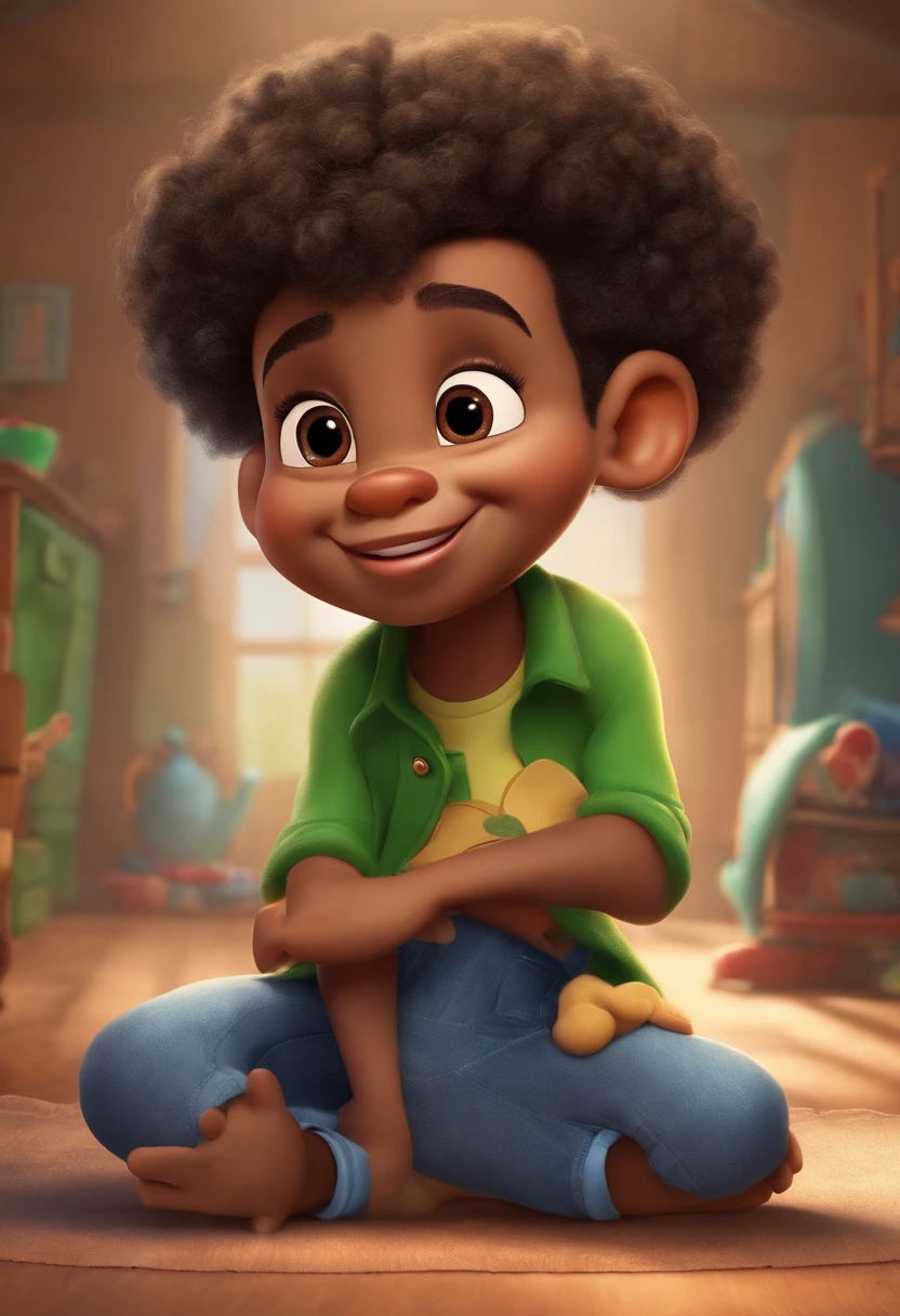 create Disney movie cover child, light black man, smooth skin, cute chubby, small mouth, beautiful eyes, curly hair with green Mikey Mouse shirt, sincere jeans and blue ankle boots