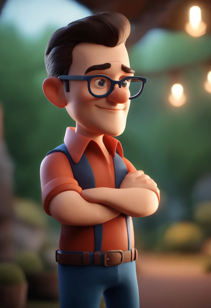 Cartoon character of a man wearing black glasses and a blue shirt, um personagem animado, Caractere estilizado, animation style rendering, 3D estilizado, Arnold Maya render, 3 d render stylized, toon render keyshot, Personagem 3D, Personagem 3D, 3d rendering stylized, 3 d character render, personagem de desenho animado, Personagem de close up, Pose de personagem, (Estilo Pixar) (master part:1.2) (Bokeh) (best quality) (pele detalhada) (textura detalhada) (8k) (argila) (Cinematic lighting) (foco nítido,Senta e vaza a parte superior do corpo