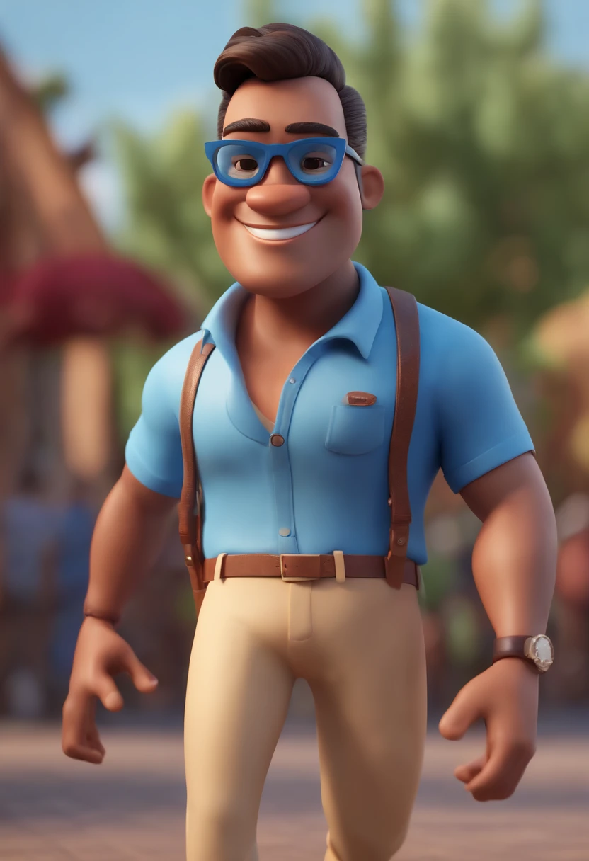 Cartoon character of a man wearing black glasses and a blue shirt, um personagem animado, Caractere estilizado, animation style rendering, 3D estilizado, Arnold Maya render, 3 d render stylized, toon render keyshot, Personagem 3D, Personagem 3D, 3d rendering stylized, 3 d character render, personagem de desenho animado, Personagem de close up, Pose de personagem, (Estilo Pixar) (master part:1.2) (Bokeh) (best quality) (pele detalhada) (textura detalhada) (8k) (argila) (Cinematic lighting) (foco nítido,Senta e vaza a parte superior do corpo