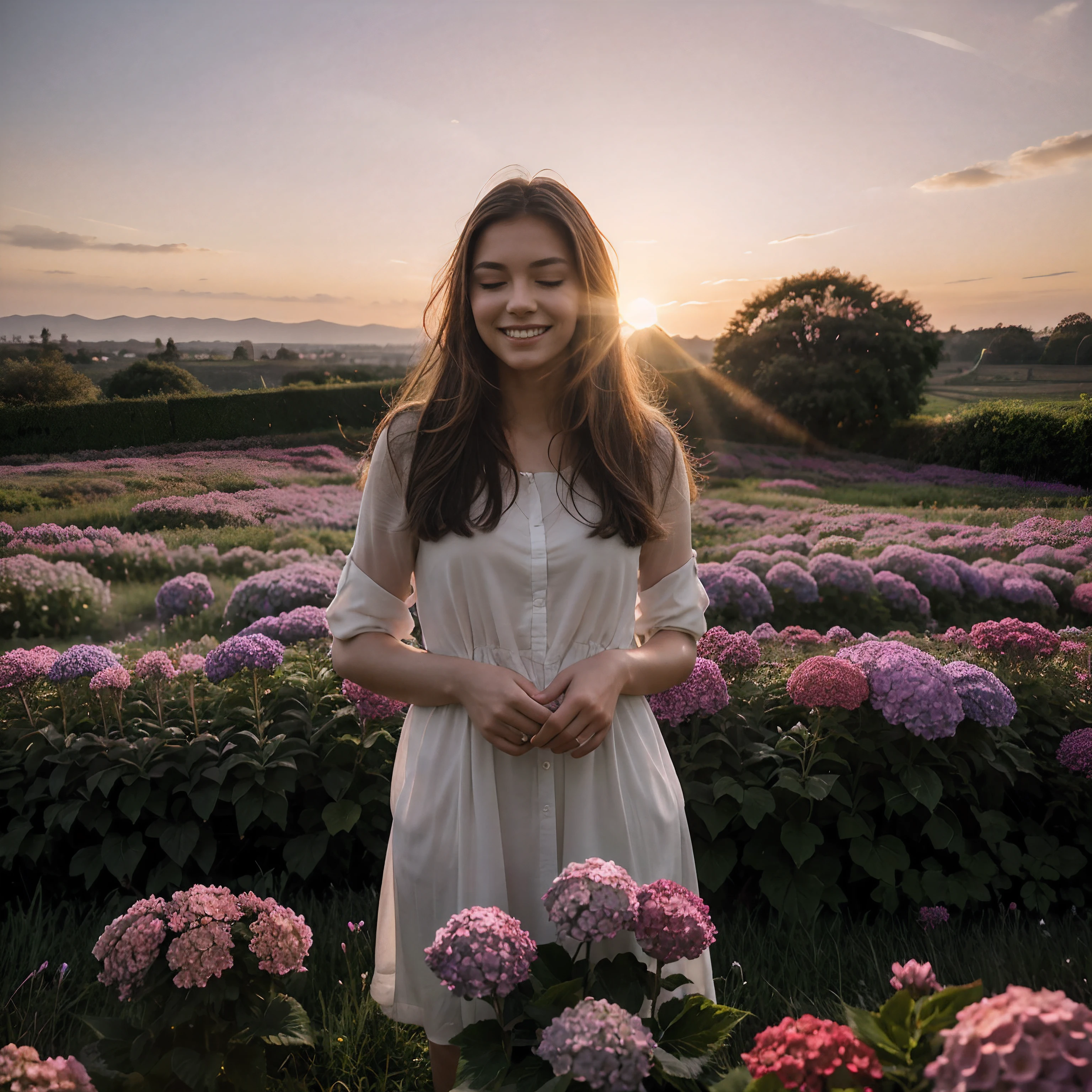 （tmasterpiece，high qulity，High- sharpness），Brunette girl standing alone in flower field in sunset，Eyes closed, smiling，The endless pink-pink wildflowers in the hydrangea flower fields are as far away as a dream，Hazy psychedelic，Contrasting shades of light and dark，A soft sensual glow，Naturally warm sunshine，Happiness，The face and hair are exquisite，