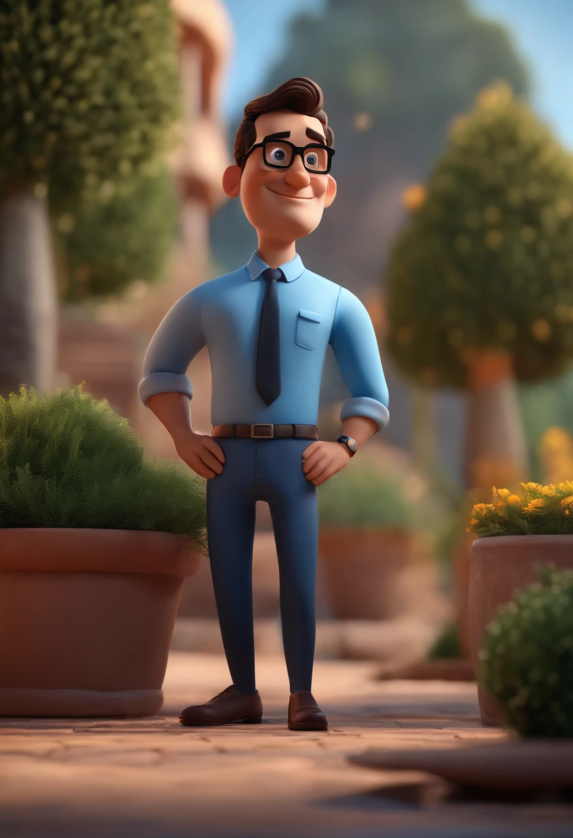 A cartoon man in a blue shirt and tie standing in front of a potted ...