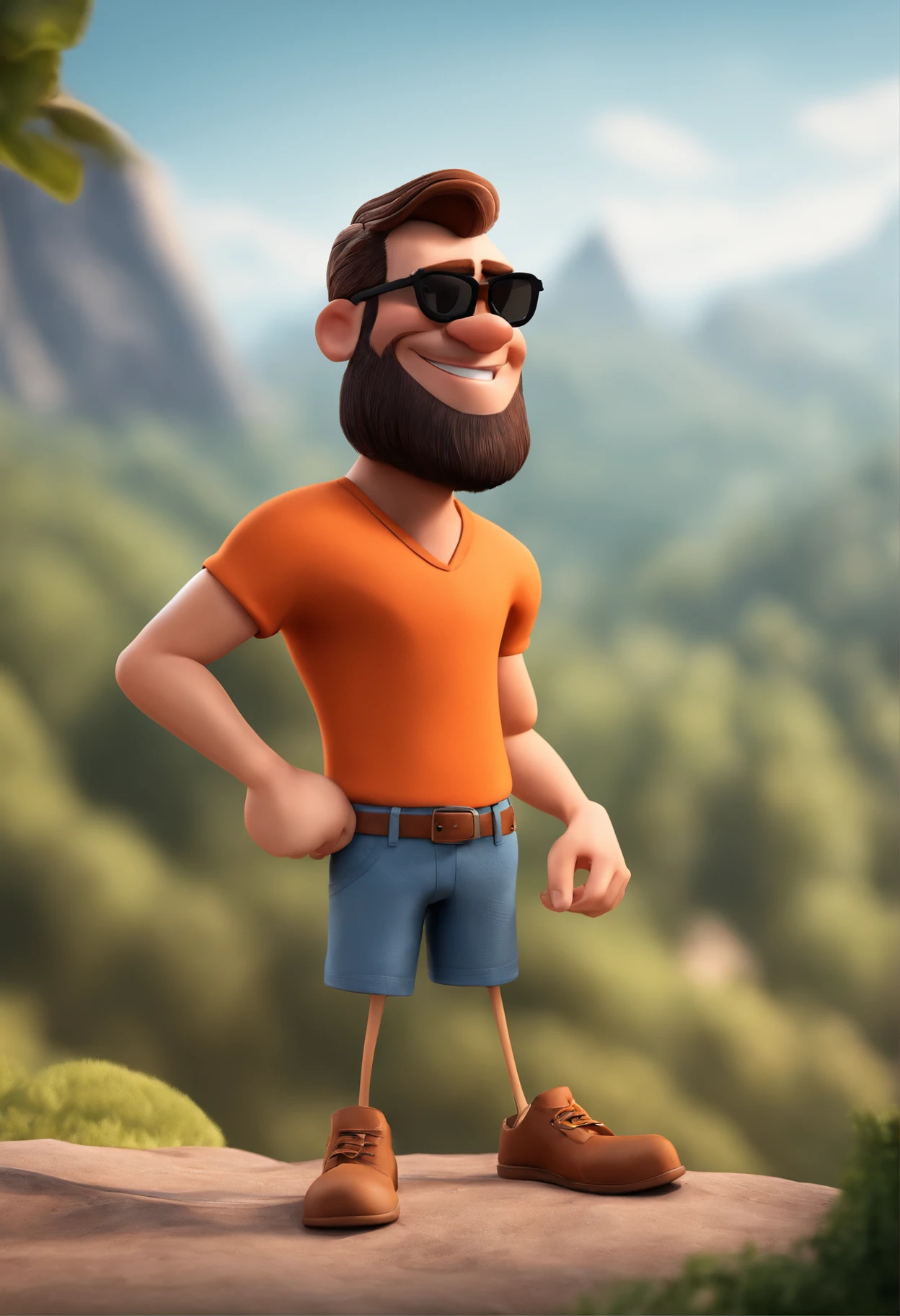 MAKE a Disney Pixar Style Character Style Display Poster "ALMA DISNEY PIXAR "Cartoon of a thinly bearded brunette man wearing black sunglasses and an orange t-shirt, um personagem animado, com roupas de trekking e mochila nas costas, Caractere estilizado, animation style rendering, 3D estilizado, Arnold Maya render, 3 d render stylized, toon render keyshot, Personagem 3D, Personagem 3D, 3d rendering stylized, 3 d character render, personagem de desenho animado, Personagem de close up, Pose de personagem, (Estilo Pixar) (master part:1.2) (Bokeh) (melhor qualidade) (pele detalhada) (textura detalhada) (8k) (argila) (Cinematic lighting) (foco nítido,Senta e vaza a parte superior do corpo