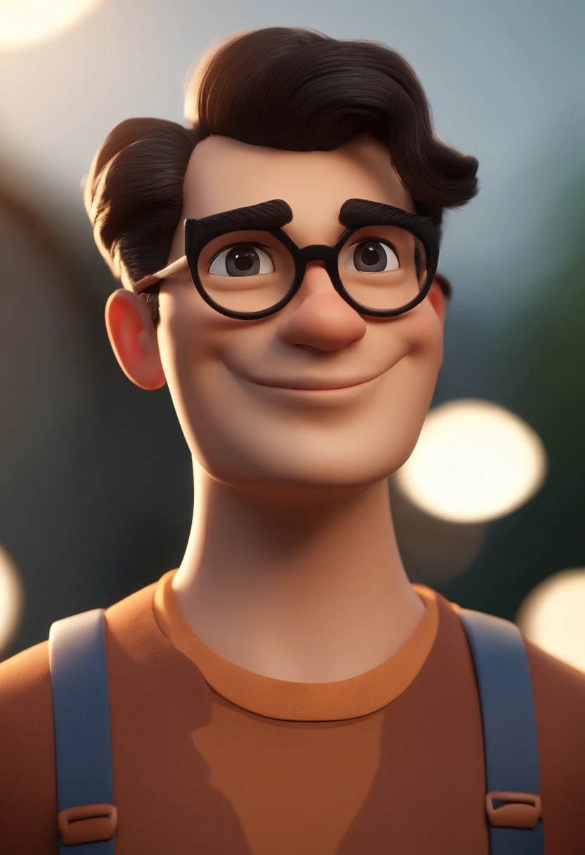 Cartoon character of a man wearing black glasses and a blue shirt, um personagem animado, Caractere estilizado, animation style rendering, 3D estilizado, Arnold Maya render, 3 d render stylized, toon render keyshot, Personagem 3D, Personagem 3D, 3d rendering stylized, 3 d character render, personagem de desenho animado, Personagem de close up, Pose de personagem, (Estilo Pixar) (master part:1.2) (Bokeh) (best quality) (pele detalhada) (textura detalhada) (8k) (argila) (Cinematic lighting) (foco nítido,Senta e vaza a parte superior do corpo