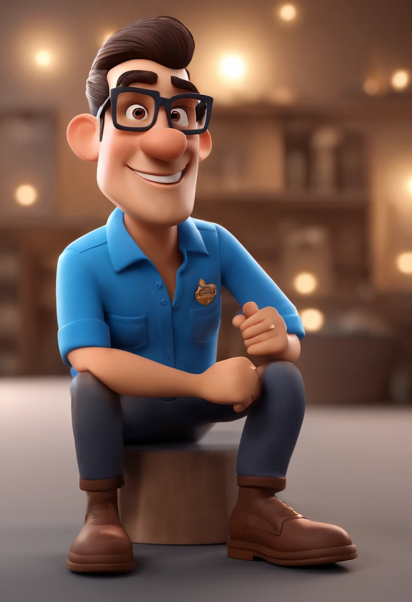 Cartoon character of a 34-year-old man with black glasses and a blue shirt, moreno, cabelo curto castanho, animation character, Caractere estilizado, animation style rendering, 3D estilizado, Arnold Maya render, 3 d render stylized, toon render keyshot, Personagem 3D, Personagem 3D, 3d rendering stylized, 3 d character render, personagem de desenho animado, Personagem de close up, Pose de personagem, (Estilo Pixar) (master part:1.2) (Bokeh) (best quality) (pele detalhada) (textura detalhada) (8k) (argila) (Cinematic lighting) (foco nítido