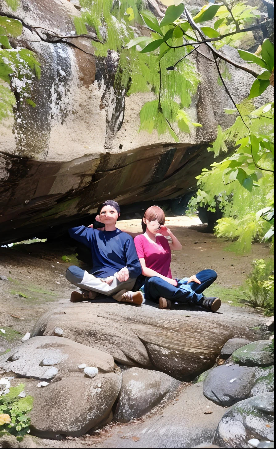 There's two people sitting on a rock in the woods, em uma caverna, em uma caverna com a cachoeira, em uma rocha, belos arredores, Cavernas!, nas montanhas, na floresta da selva !!!, Gruta de pedra no centro, Stonepunk, sentado no forrest, against the backdrop of trees, foto de baixa qualidade, arredores da cidade, parede natural da caverna