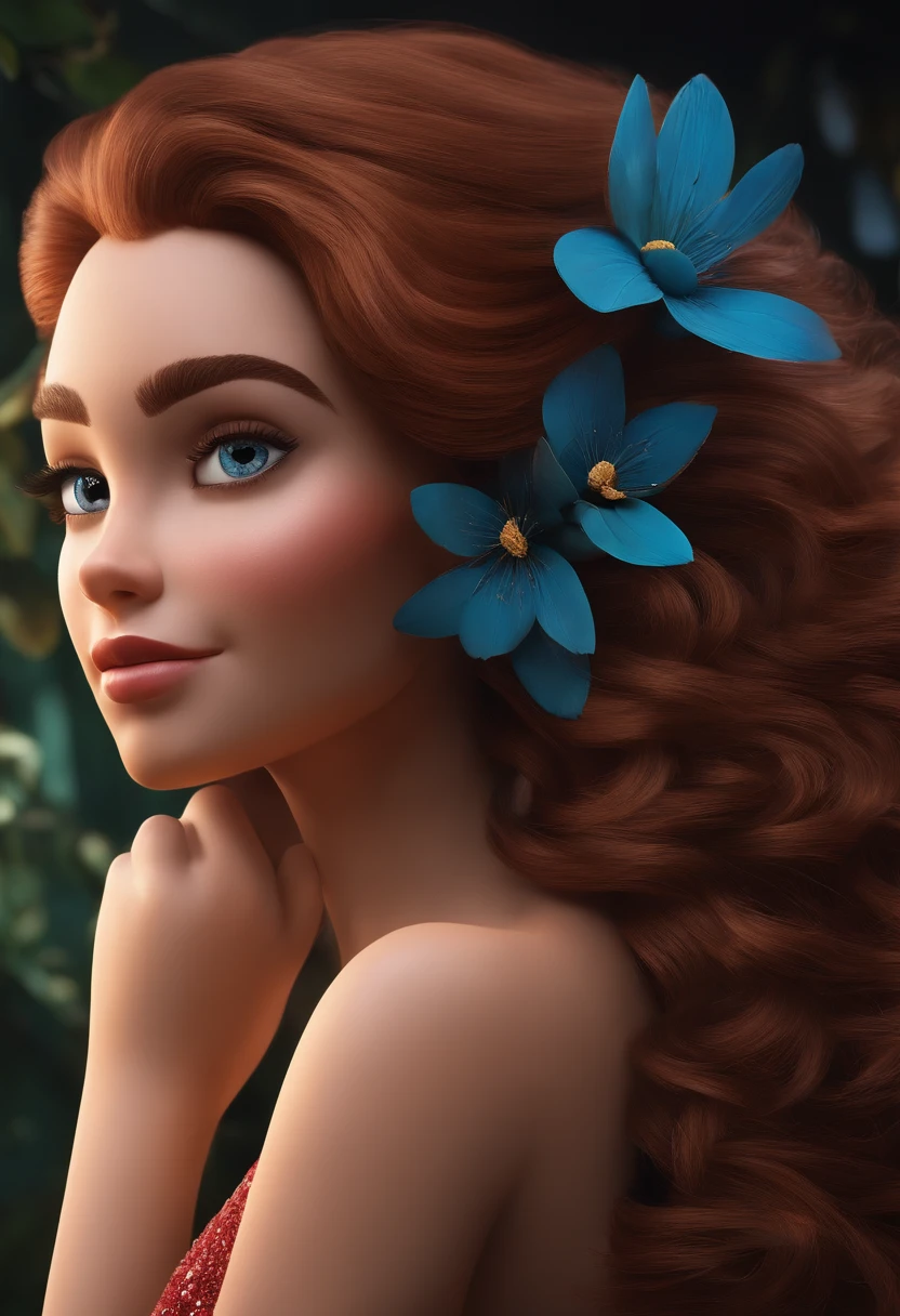 Create a Disney PIXAR-style 3D poster. Mulher brasileira,cabelo comprido, pus size e elegante