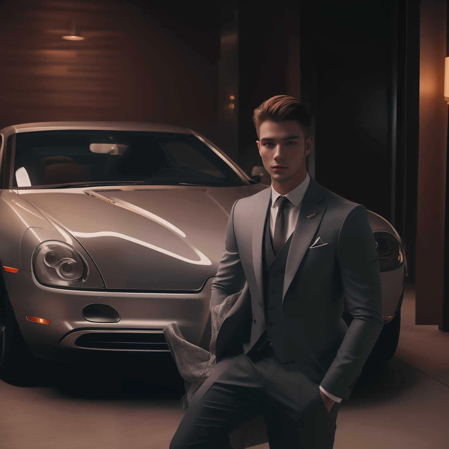 A 23-year-old Dutchman, male, barbu, barbe pleine, Models, Corps entier, Elegant poses, very beautiful, Standing next to a luxury car very well dressed Watch behind closed doors, Detailed image, UHD, 8k, well lit, grain de film, perfect  lighting