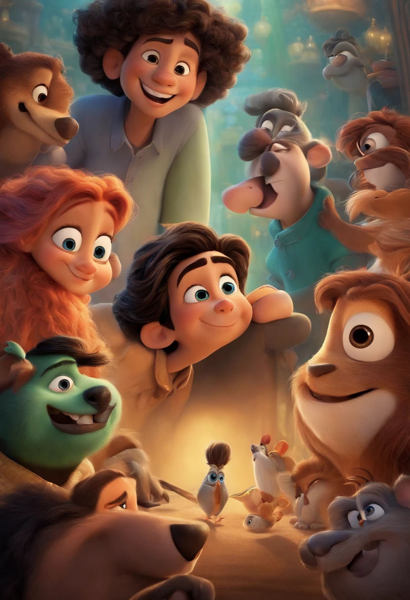Poster Disney Pixar, homem alto, cabelo curto com topete, olhos castanhos, barba. Mulher baixa, cabelos preto comprido, unhas grandes, olhos cinza escuro, batom vermelho, Embraced