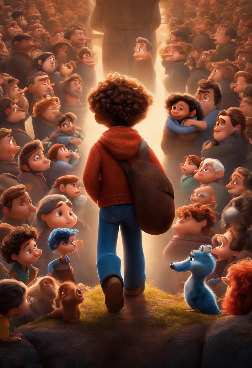 Poster Disney Pixar, homem alto, cabelo curto com topete, olhos castanhos, barba. Mulher baixa, cabelos preto comprido, unhas grandes, olhos cinza escuro, batom vermelho, Embraced