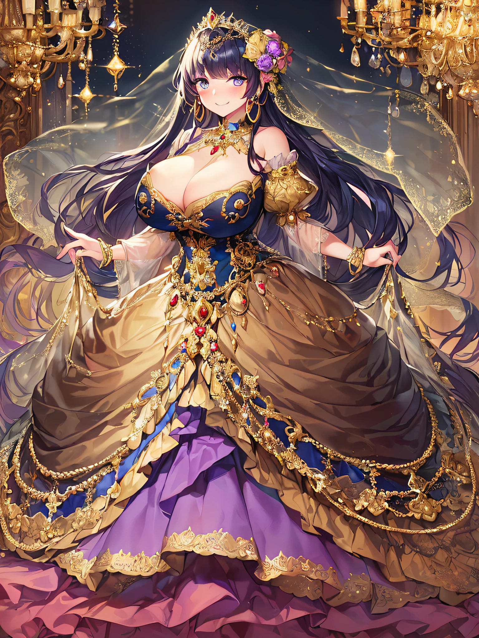 ((Anime Art Style)),((masutepiece,Best Quality,Super Detail,Very delicate and beautiful)),((Full body portrait)),((Solo)),(((One princess in beautiful embroidery and jeweled gorgeous rococo ballgown with voluminous full length hoop skirt))),(Crinoline hoop skirt),(((very gigantic boobs,Skindentation))),((extremely voluminous Very Long Straight Hair)),(finely detailed face and eyes),(Seductive smile,embarrassed),extremely gorgeousfull hair ornament,very gorgeous big tiara adorned with bling-bling jewels,Glitter Gorgeous Gemstone Jewelry,Gorgeous Long Veil,opera gloves,(Beautiful background),(Full body),((beautiful embroidery and jeweled gorgeous rococo ballgown with voluminous full length hoop skirt))
