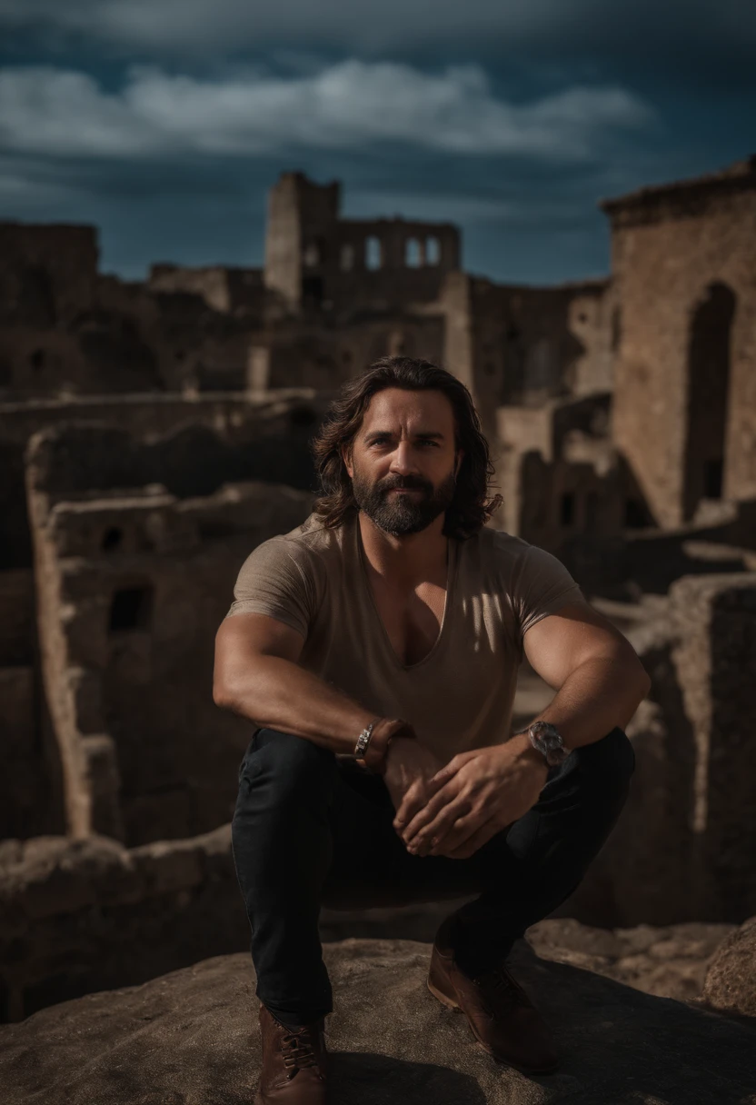 Foto RAW, uma foto de retrato de perto de brutal 45 y.o homem em roupas de lixeira, corte de cabelo longo, pale skin, corpo magro, background is city ruins, (pele altamente detalhada:1.2), 8k UHD, DSLR, soft lighting, alta qualidade, filmic grain, Fujifilm XT3