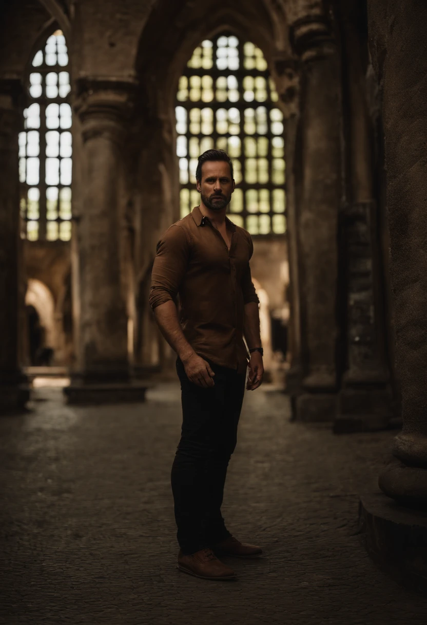 Foto RAW, uma foto de retrato de perto de brutal 45 y.o homem em roupas de lixeira, corte de cabelo longo, pale skin, corpo magro, background is city ruins, (pele altamente detalhada:1.2), 8k UHD, DSLR, soft lighting, alta qualidade, filmic grain, Fujifilm XT3