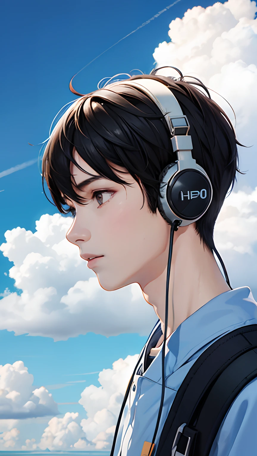 Boy wearing headphones,Meet face-to-face on the flyover,with blue sky and white clouds,