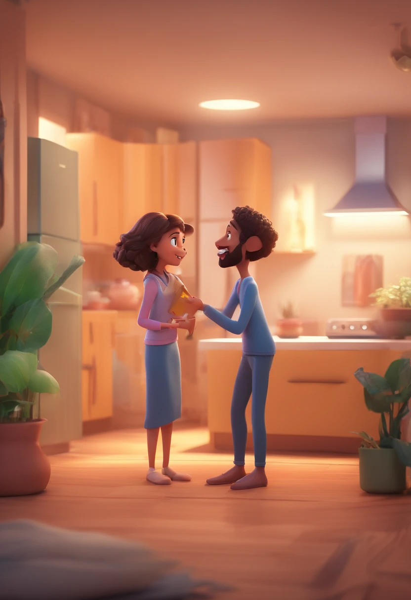 An illustration of an adorable couple, destacando um homem e uma mulher com bonito, Expressive eyes – the man's skin is black and the man's hair is bald and black, while the woman's skin is black and the woman's hair is curly and brown. They are a bright room, cada um com um sorriso no rosto, e compartilhar um momento especial caracterizado pelo amor, arroz, e insights educacionais. Illustrate this scene from a perspective where they are facing away from the camera, Showing Your Connection. Desenvolva esta arte em Full HD, Focus on your cinematic touch, Estilo Disney Pixar Animations