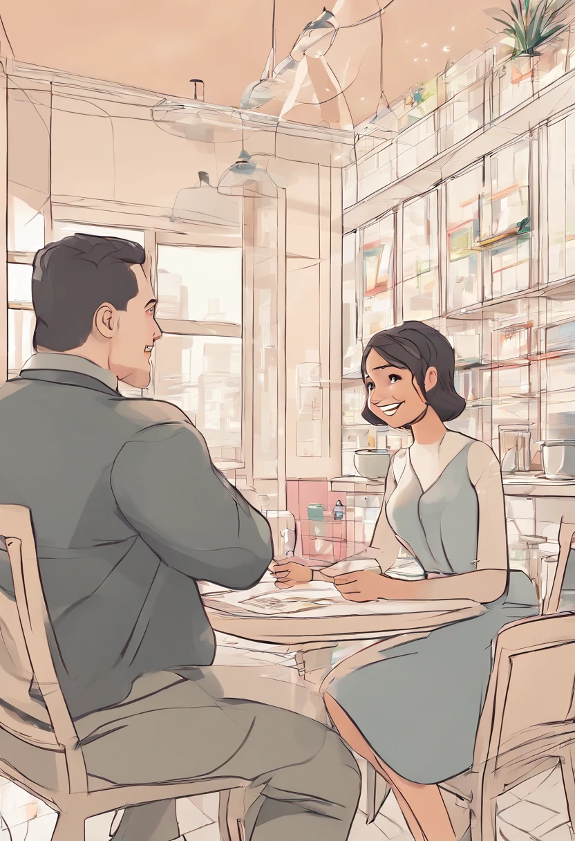 An illustration of an adorable couple, destacando um homem e uma mulher com bonito, Expressive eyes – the man's skin is black and the man's hair is bald and black, while the woman's skin is black and the woman's hair is curly and brown. They are a bright room, cada um com um sorriso no rosto, e compartilhar um momento especial caracterizado pelo amor, arroz, e insights educacionais. Illustrate this scene from a perspective where they are facing away from the camera, Showing Your Connection. Desenvolva esta arte em Full HD, Focus on your cinematic touch, Estilo Disney Pixar Animations