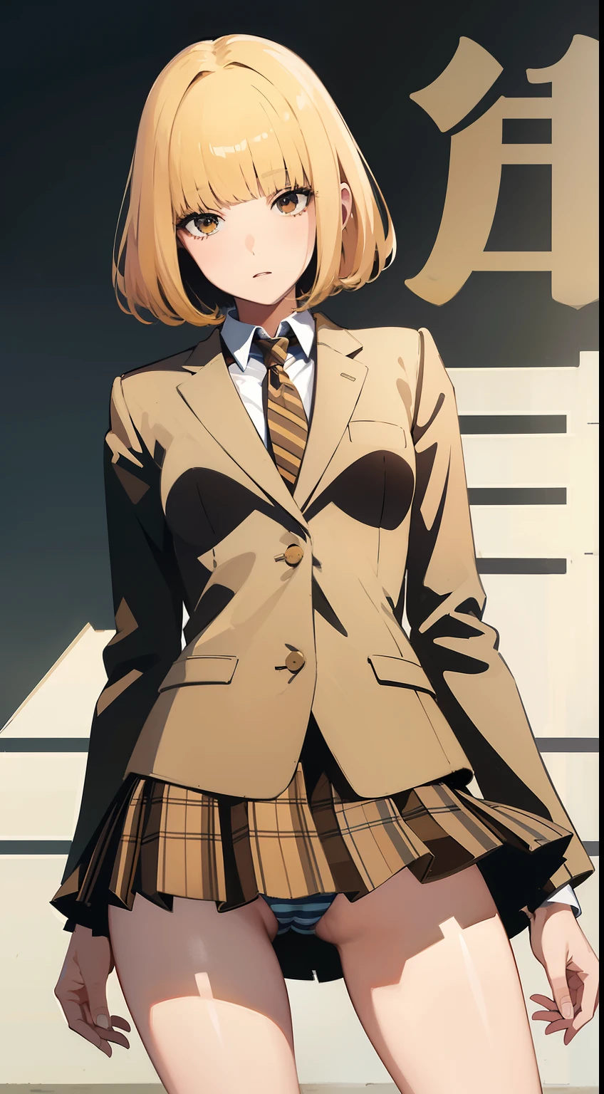 masterpiece、hight resolution、Top image quality、 Hana Midorikawa、bob cuts、blonde hair、bangss、A slender、skinny thigh、Hana Midorikawa、Brown jacket、School uniform、plaid skirts、Striped panties、from the rear、look behind、small ass