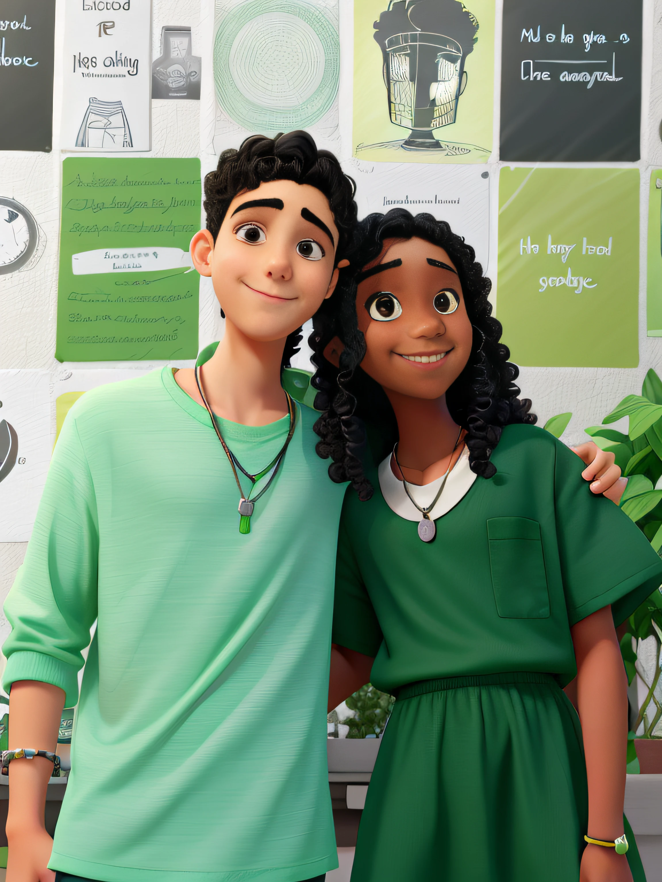 A boy with a black straight hair wearing a green shirt, a silver chain around his neck and a black bracelet on his arm hugging a smiling girl with a curly hair wearing a green dress