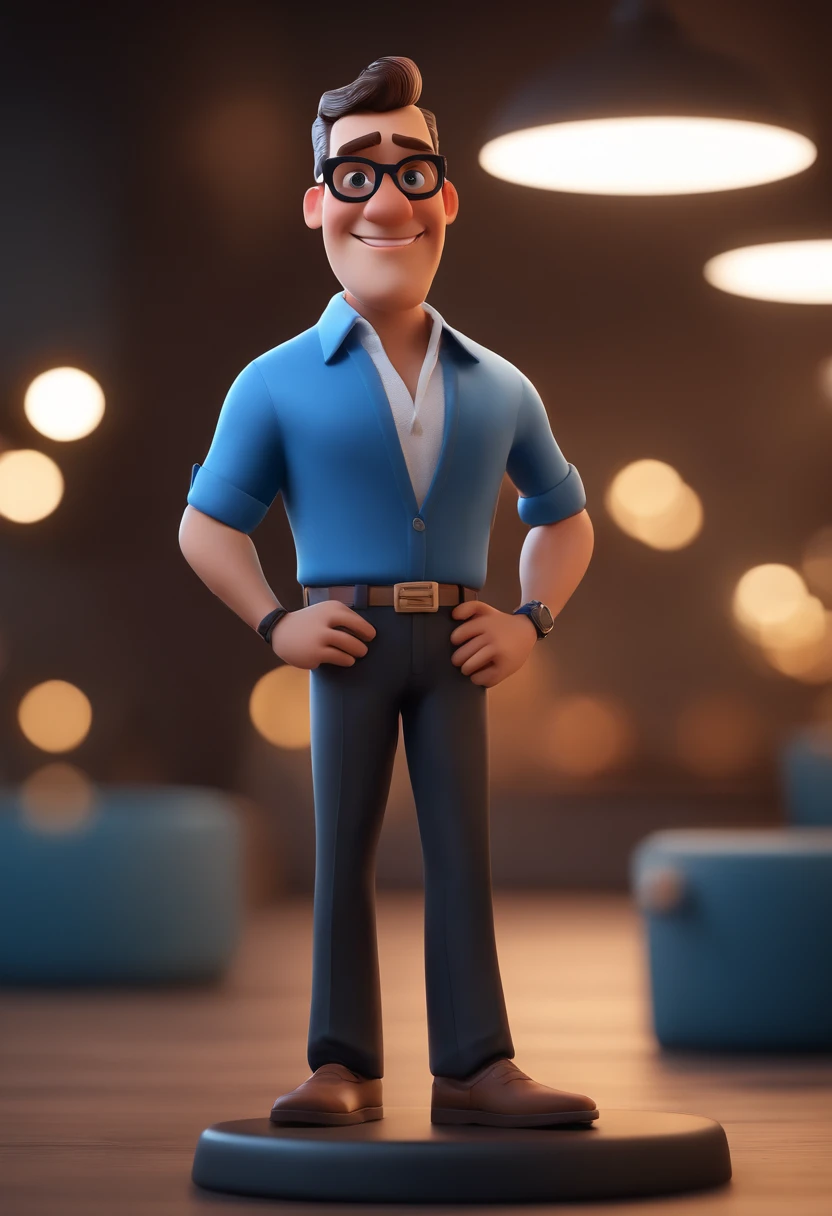 Cartoon character of a man with black glasses and a blue shirt, animation character, Caractere estilizado, animation style rendering, 3D estilizado, Arnold Maya render, 3 d render stylized, toon render keyshot, Personagem 3D, Personagem 3D, 3d rendering stylized, 3 d character render, personagem de desenho animado, Personagem de close up, Pose de personagem, (Estilo Pixar) (master part:1.2) (Bokeh) (best quality) (pele detalhada) (textura detalhada) (8k) (argila) (Cinematic lighting) (foco nítido