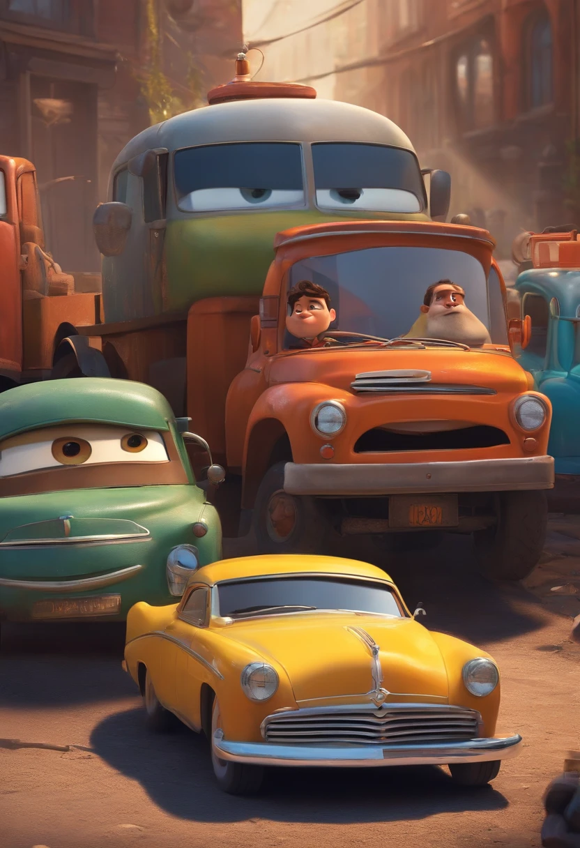 A mechanic looking at a dream project inspired by Pixar animation, de perto. The character takes center stage with captivating facial expressions, Offering a touch of unreality in the background, a tow truck towing a car