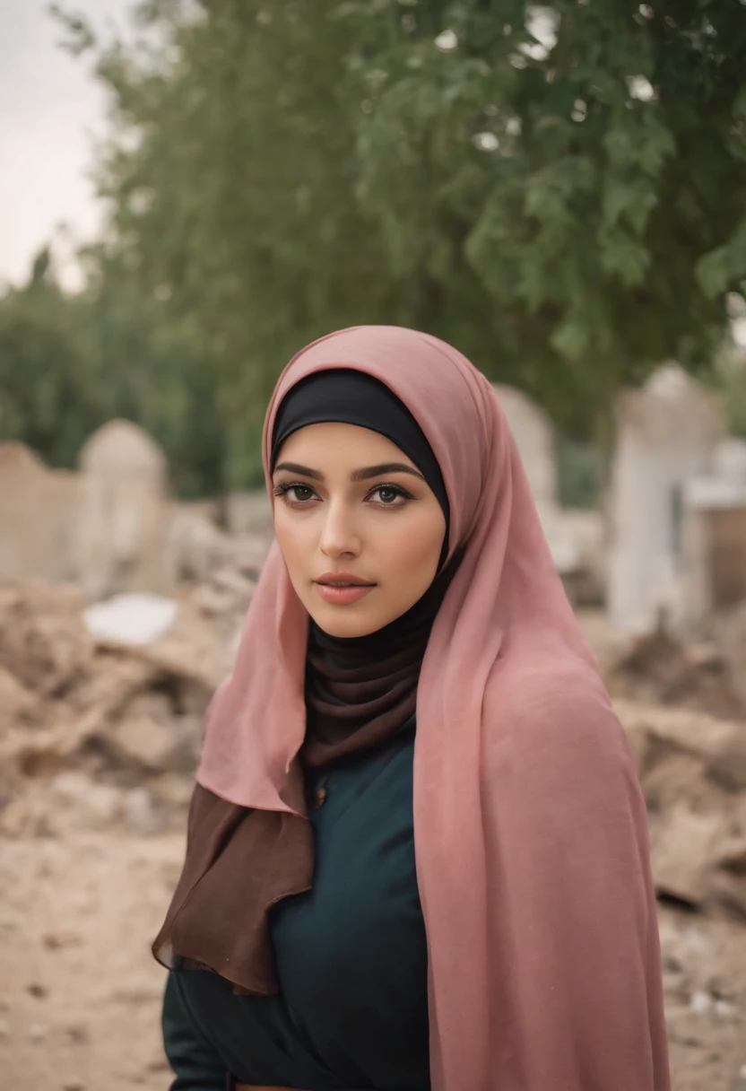beautiful girl wearing a hijab, sad to see the city being destroyed, corpses falling, rocket explosions, the Israeli flag being crushed by a dog, the watermelon symbol, the Paletinian flag, the Palestinian flag, realistic lighting,