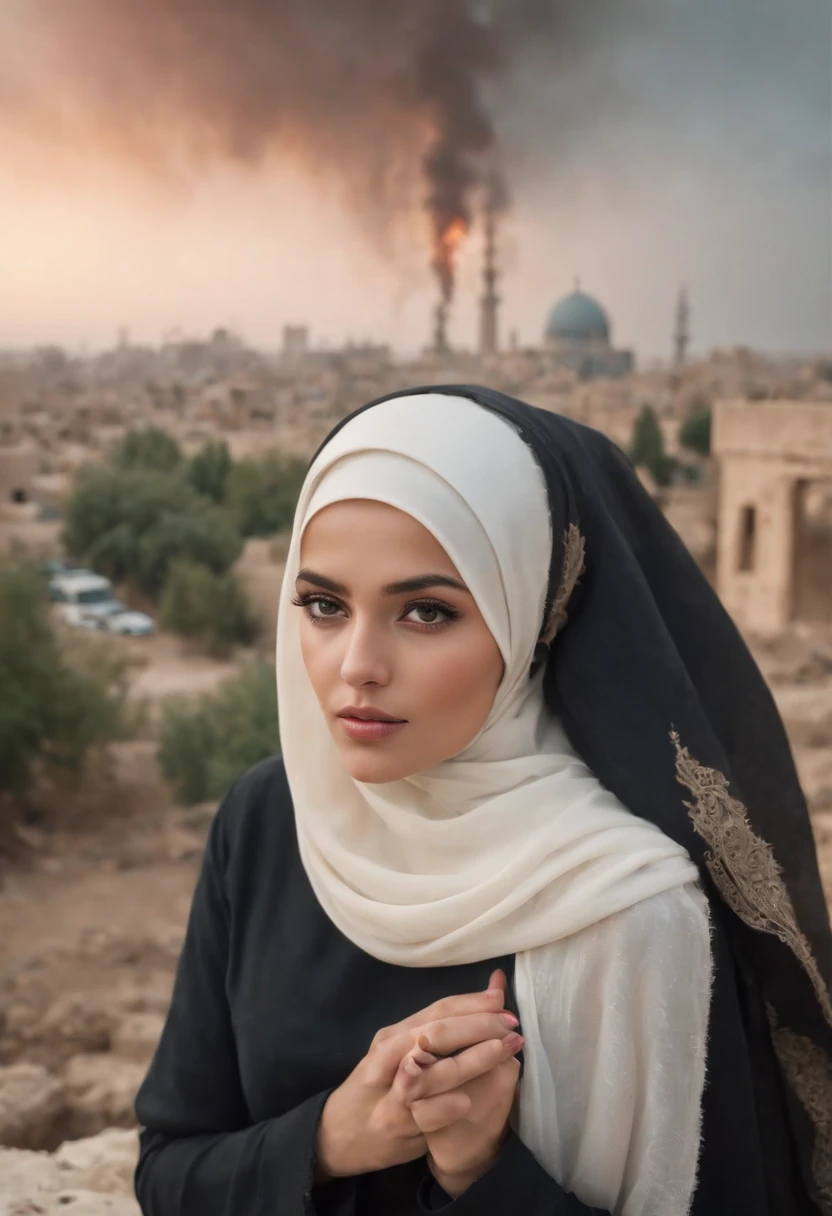 32 years old women wearing a hijab Palestine Flag shirt decorated with Palestinian flag ,explosion, divasting buildings. In middle of the street. Realistic photo accurate.