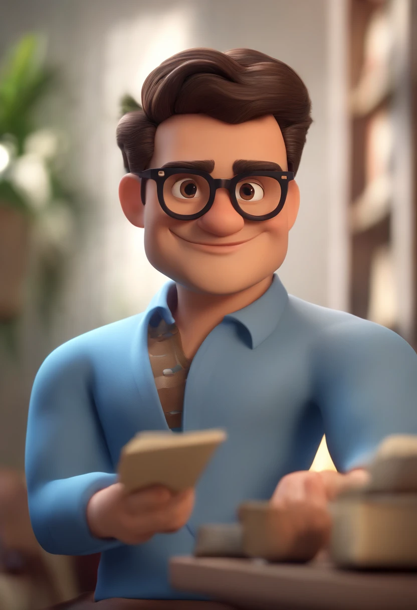 Cartoon character of a man wearing black glasses and a blue shirt, um personagem animado, Caractere estilizado, animation style rendering, 3D estilizado, Arnold Maya render, 3 d render stylized, toon render keyshot, Personagem 3D, Personagem 3D, 3d rendering stylized, 3 d character render, personagem de desenho animado, Personagem de close up, Pose de personagem, (Estilo Pixar) (master part:1.2) (Bokeh) (best quality) (pele detalhada) (textura detalhada) (8k) (argila) (Cinematic lighting) (foco nítido,Senta e vaza a parte superior do corpo
