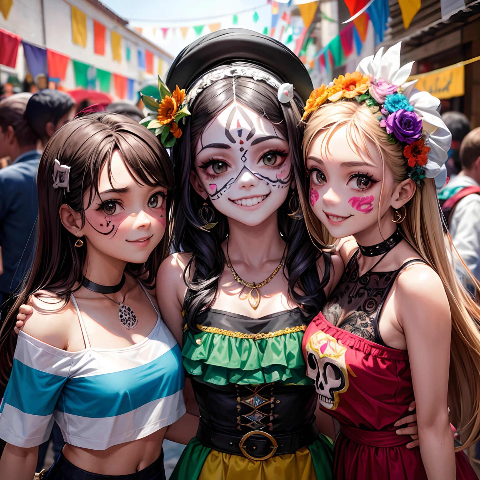 Ánime style 4 smiling female college friends with face painted on Mexican skull strolling in the middle of Dia de los Muertos party in Mexican village by day