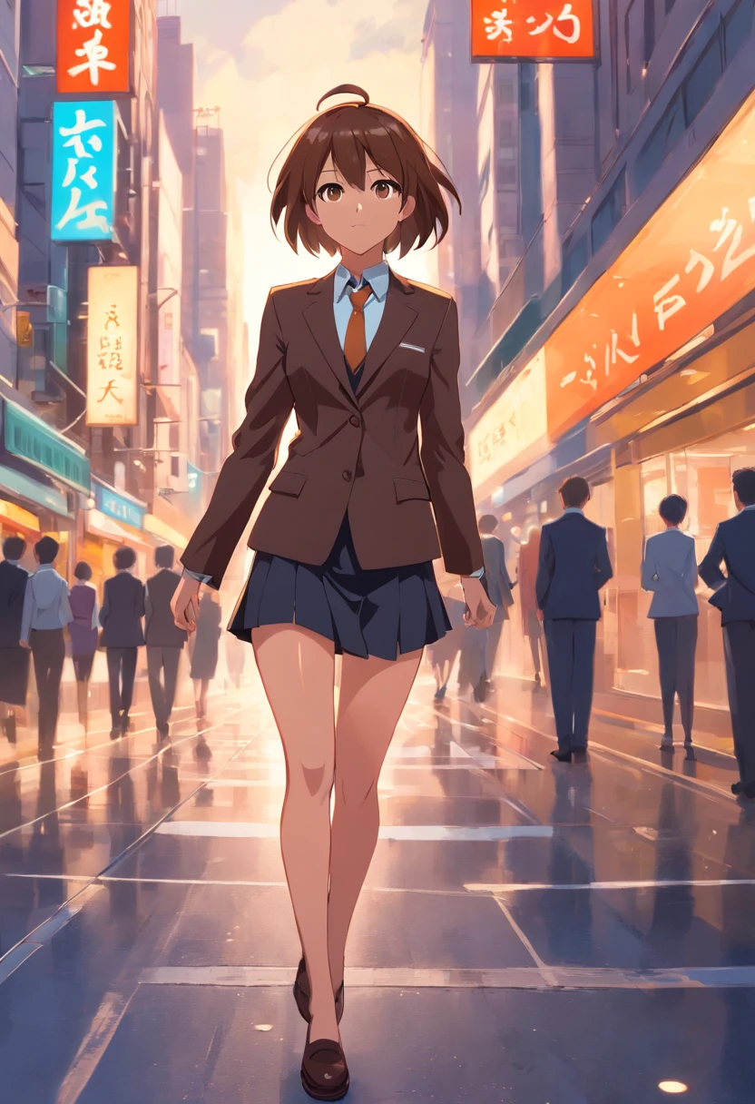 Brown color color hair, short hair，brown color eyes，black color suit，short skirt ，A bustling city street, brown eyes，diamond-shaped pupils，Look back at you