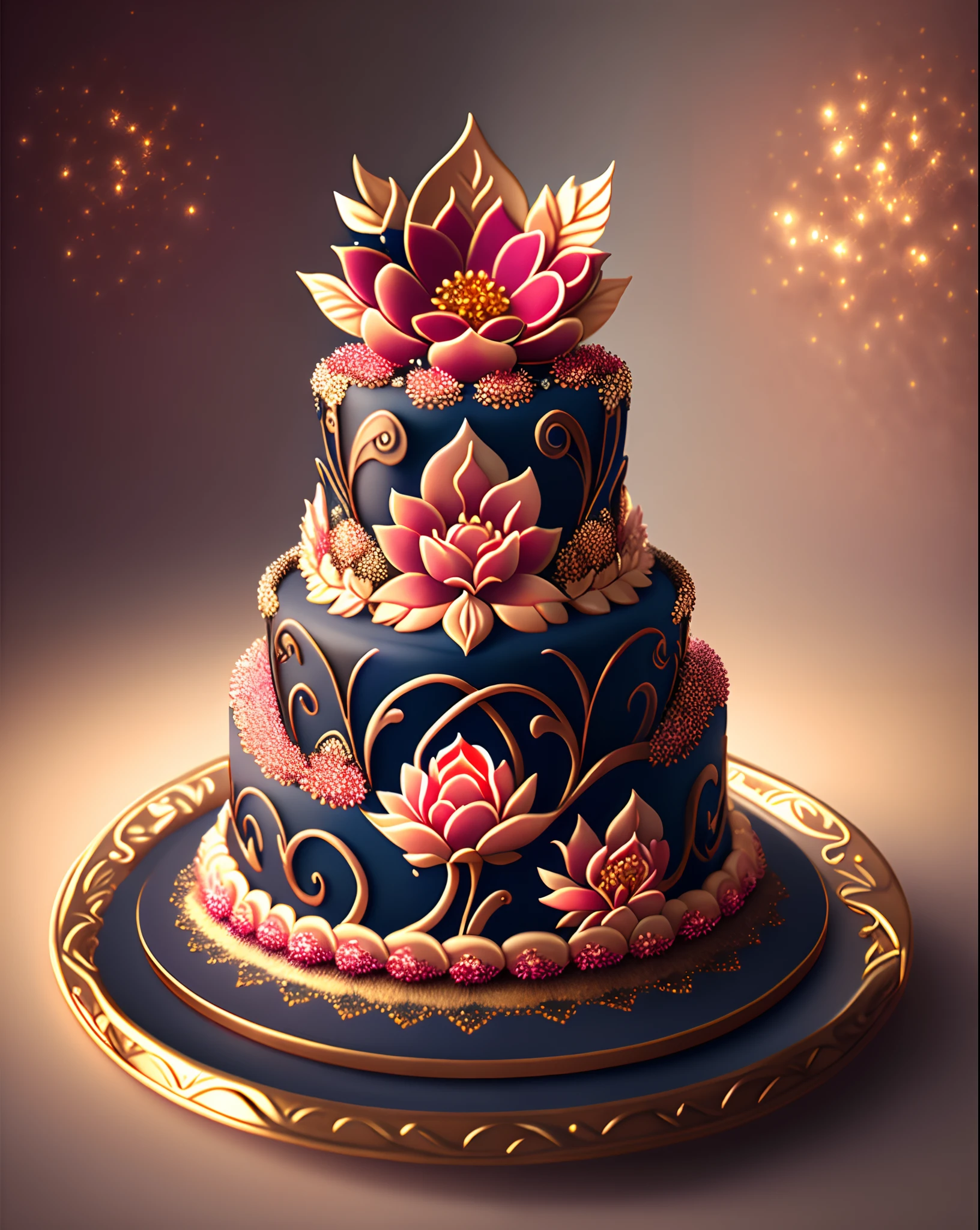 (Best quality,4K,A high resolution,Masterpiece:1.2),Delicate cake,Heavy cream,Decorated with various details，There was a big cake，There are a lot of different ingredients on it, fantasy bakery, Fantasy art Behance, cake art, 3d magical details, Stylized 3 D, 4k highly detailed digital art, 3 d epic illustrations, 4 K detail fantasy, 3 d render stylized, 8K high quality detailed art, fairytale artwork, trend on behance 3 d art，small flower,Leaves and stars that reflect light,seductive appearance,A few colorful candles on the cake,There are exquisite sweets and chocolates nearby,Fine cream,detailed flowers,Vivid colors,Sharp focus,Ultra-detailed,A masterpiece of art,professional,rich deep color,Intricate details,Attractive lighting,astrophotography,framed,Centered,symetry