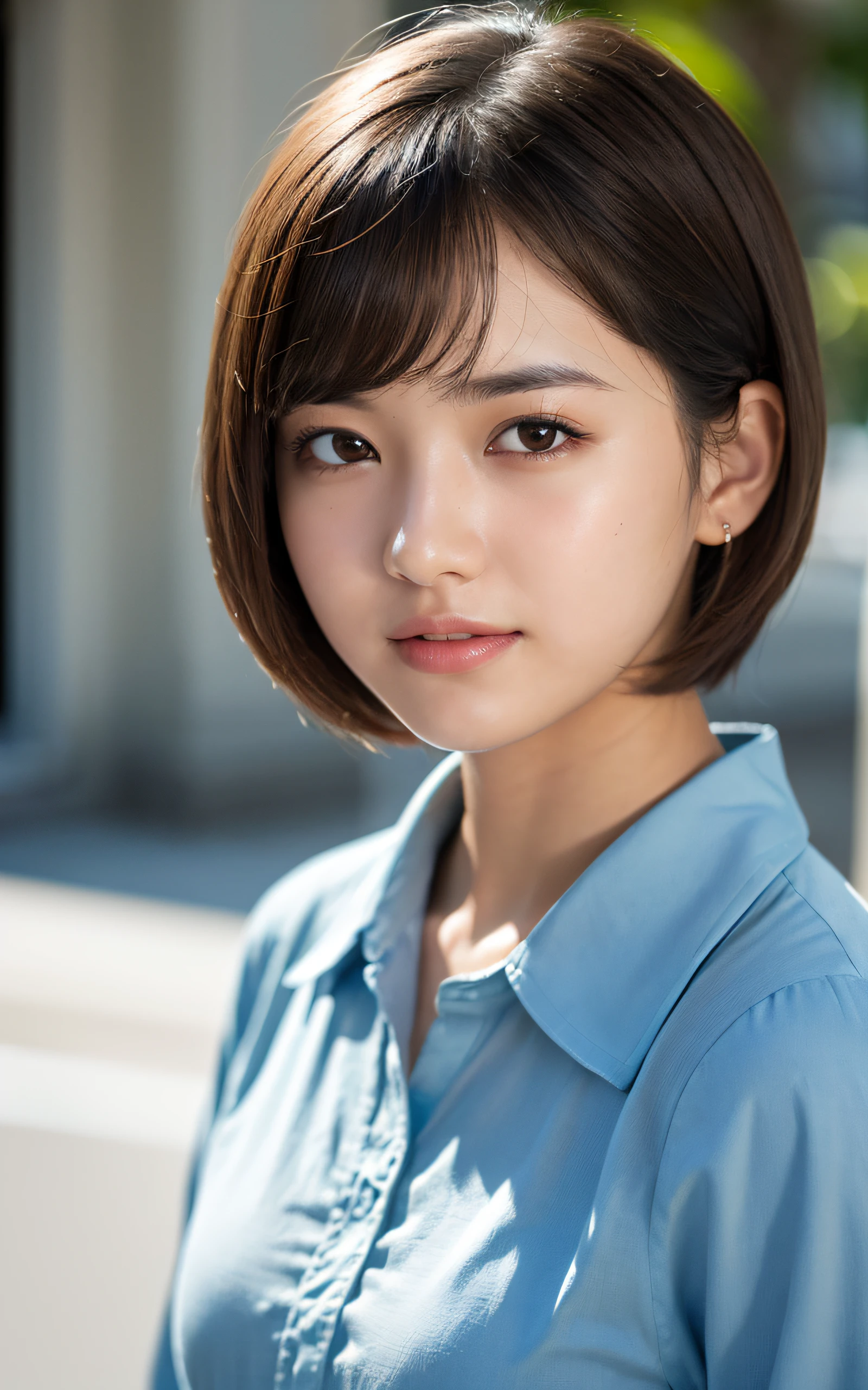 (Photo Real:1.4), (hyper realisitic:1.4), (Smooth lighting:1.05), 1 girl, (sad:1.4), mouth slightly open, neat and clean beauty, 22 years old, Soft lighting, Back lighting, (cheerfulness:1.2), (Finest Real Textured Skins), Narrow-eyed, Super fine face, glowy skin, retinas, Anatomically correct, acurate, Super Detail, Textured skin, High quality, high details, Best Quality, High resolution, short hair, bangs, Blouse
