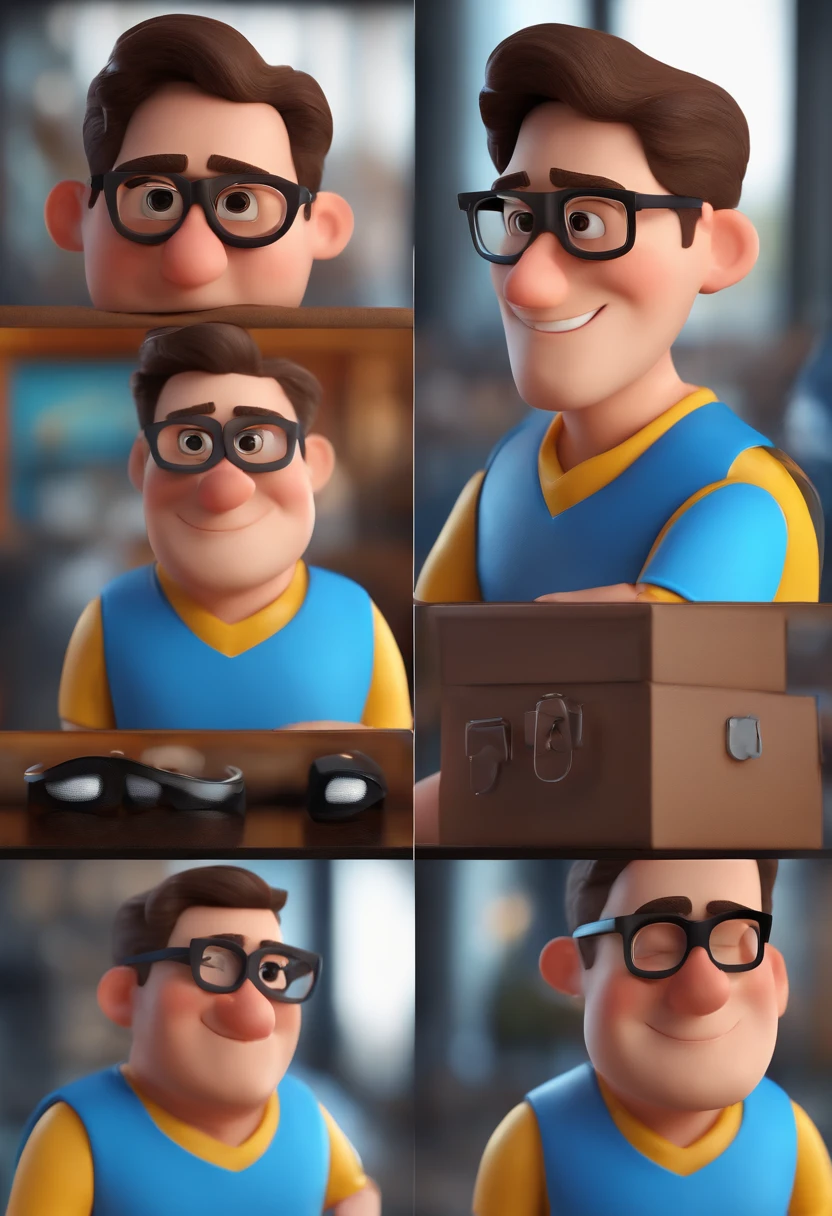 Cartoon character of a man with black glasses and a blue shirt, animation character, Caractere estilizado, animation style rendering, 3D estilizado, Arnold Maya render, 3 d render stylized, toon render keyshot, Personagem 3D, Personagem 3D, 3d rendering stylized, 3 d character render, personagem de desenho animado, Personagem de close up, Pose de personagem, (Estilo Pixar) (master part:1.2) (Bokeh) (best quality) (pele detalhada) (textura detalhada) (8k) (argila) (Cinematic lighting) (foco nítido
