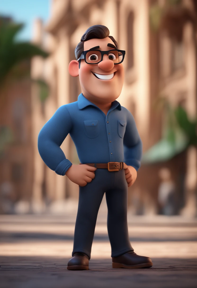 Cartoon character of a man with black glasses and a blue shirt, animation character, Caractere estilizado, animation style rendering, 3D estilizado, Arnold Maya render, 3 d render stylized, toon render keyshot, Personagem 3D, Personagem 3D, 3d rendering stylized, 3 d character render, personagem de desenho animado, Personagem de close up, Pose de personagem, (Estilo Pixar) (master part:1.2) (Bokeh) (best quality) (pele detalhada) (textura detalhada) (8k) (argila) (Cinematic lighting) (foco nítido