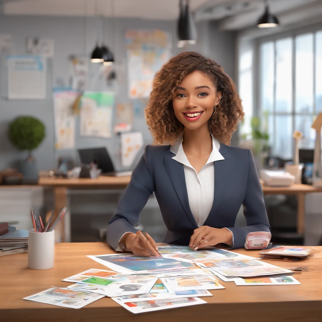 Crie um cartaz inspirado na Disney com uma mulher de cabelo liso preto usando jaleco branco, In an office with anamise cards on the desk.