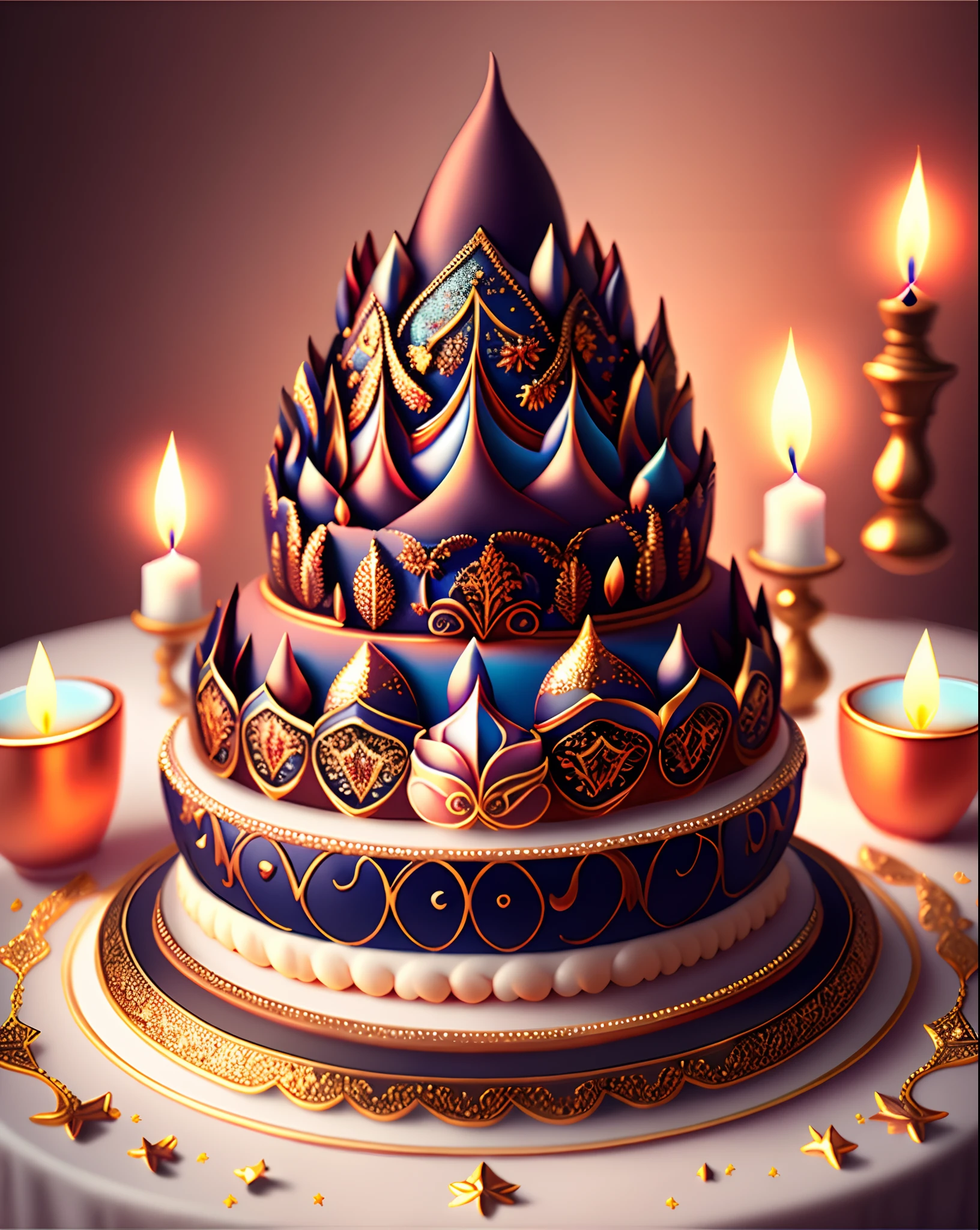 (Best quality,4K,A high resolution,Masterpiece:1.2),Delicate cake,Heavy cream,Decorated with various details,There was a big cake,There are a lot of different ingredients on it, fantasy bakery, Fantasy art Behance, cake art, 3d magical details, Stylized 3 D, 4k highly detailed digital art, 3 d epic illustrations, 4 K detail fantasy, 3 d render stylized, 8K high quality detailed art, fairytale artwork, trend on behance 3 d art,small flower,Leaves and stars that reflect light,seductive appearance,A few colorful candles on the cake,There are exquisite sweets and chocolates nearby,Fine cream,detailed flowers,Vivid colors,Sharp focus,Ultra-detailed,A masterpiece of art,professional,rich deep color,Intricate details,Attractive lighting,astrophotography,framed,Centered,symetry
