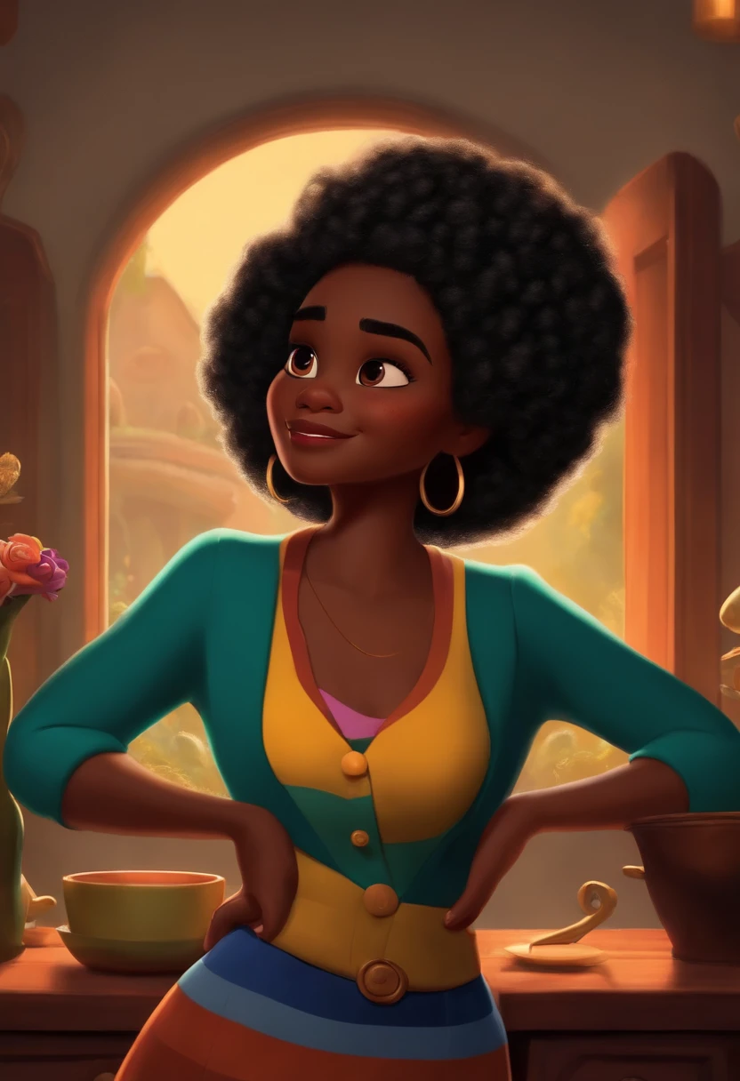 Um filme inspirado na Disney Pixar (MENINA NEGRA JOVEM COM CABELO LONGO CACHEADO PRETO) dentro A cena estar na arte distinta do estilo PIXAR, descolada e estilosa