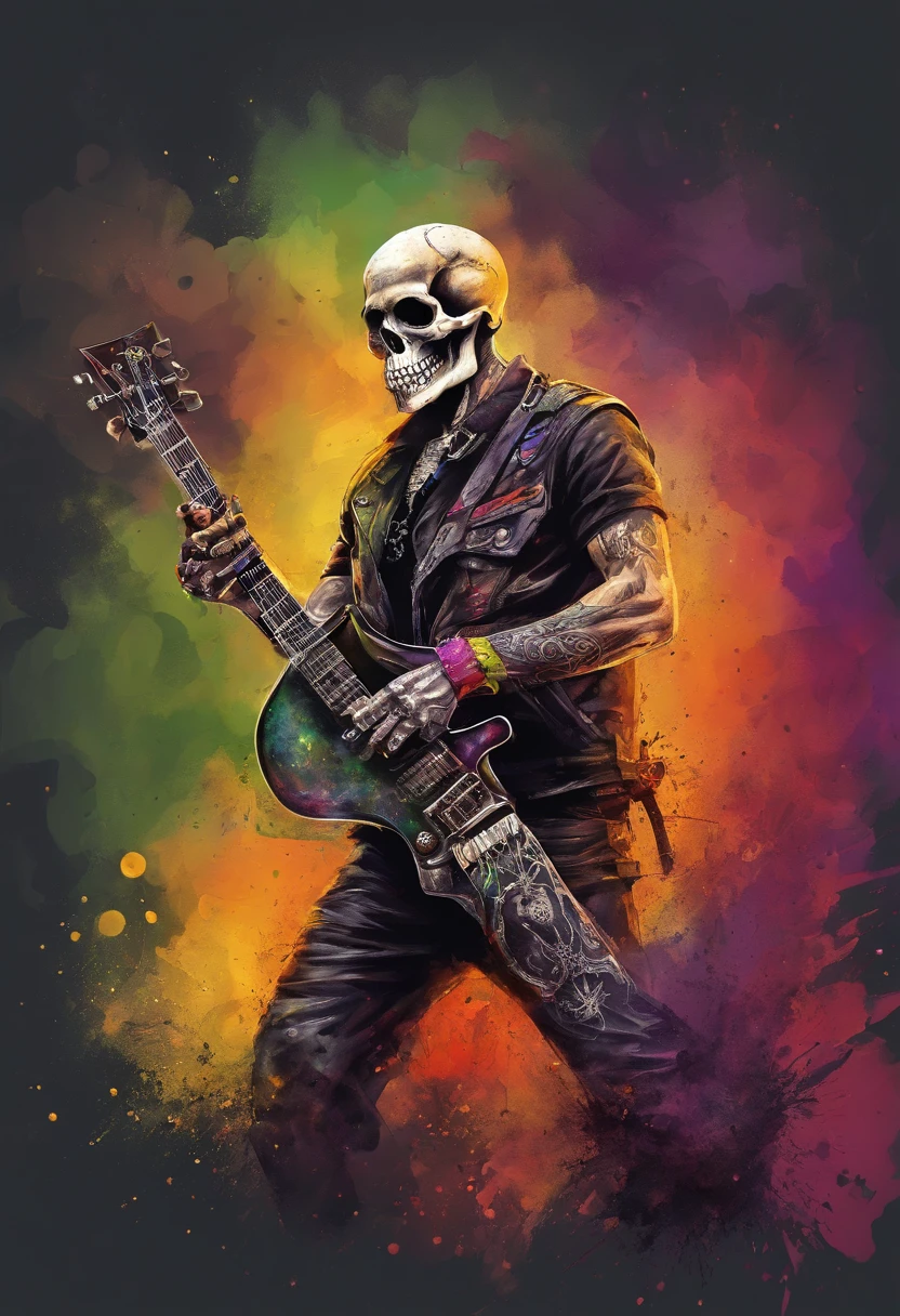 caveira,music,metal,high quality,8k,(metalhead:1.1),detailed skull,dark color tone,vivid colors,detailed guitar,concert lighting,music festival