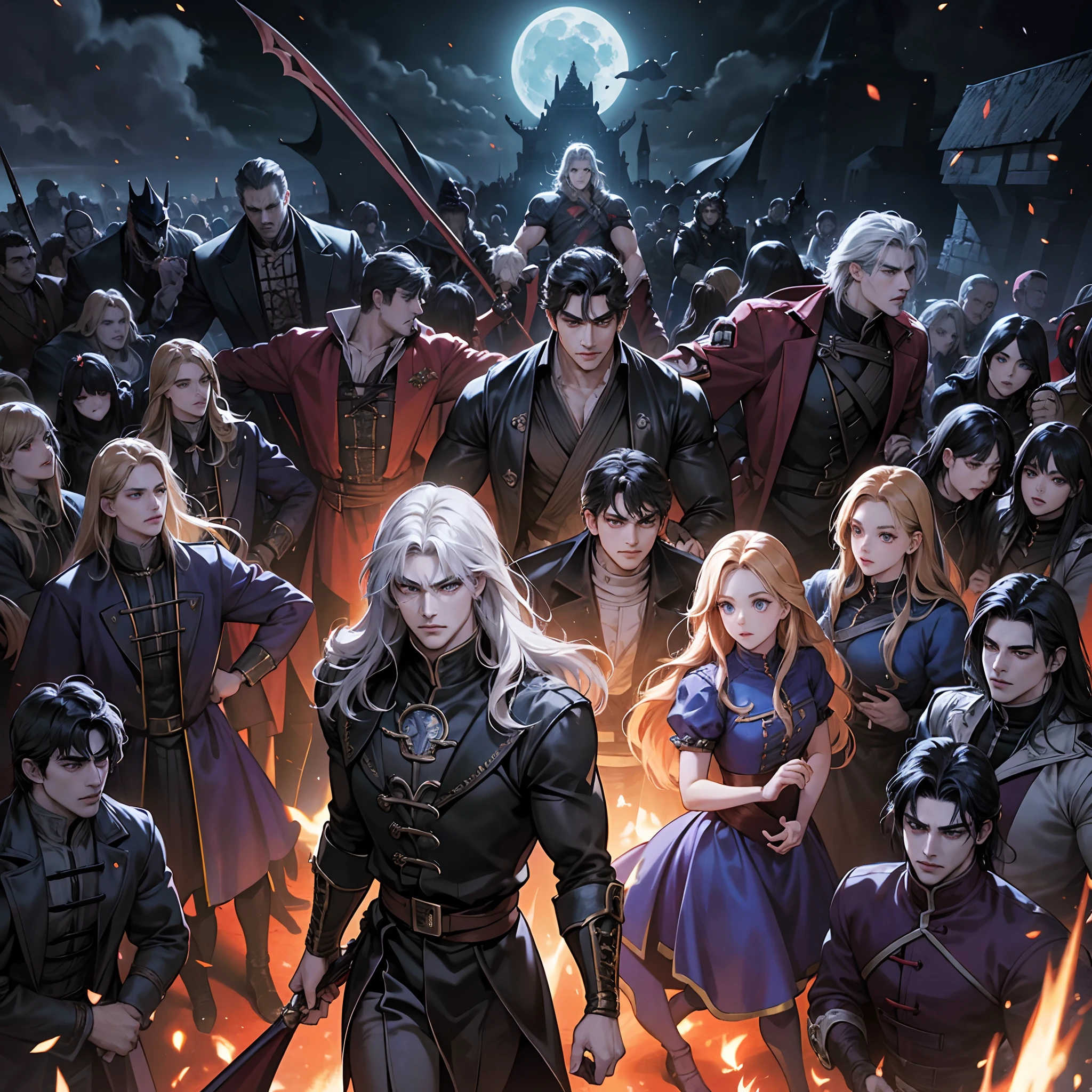Castlevania lord of the shadows muscular hokuto no ken kenshiro style hyper realistic super detailed Dynamic shot master piece scene cinématique scènes of lord Dracula leading troops army of demons to battle sharp détails cinématique scènes movie