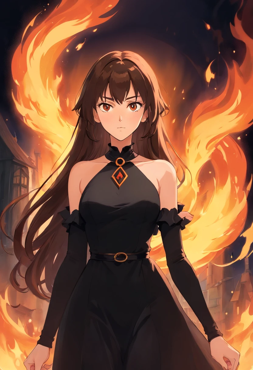 There is a woman standing, witchy, Black Dress, Brown straight hair, chocker on neck. There is a flame around, Dark color scheme, An evil expression on his face, Danger, Works Magic, Monica Bellucci