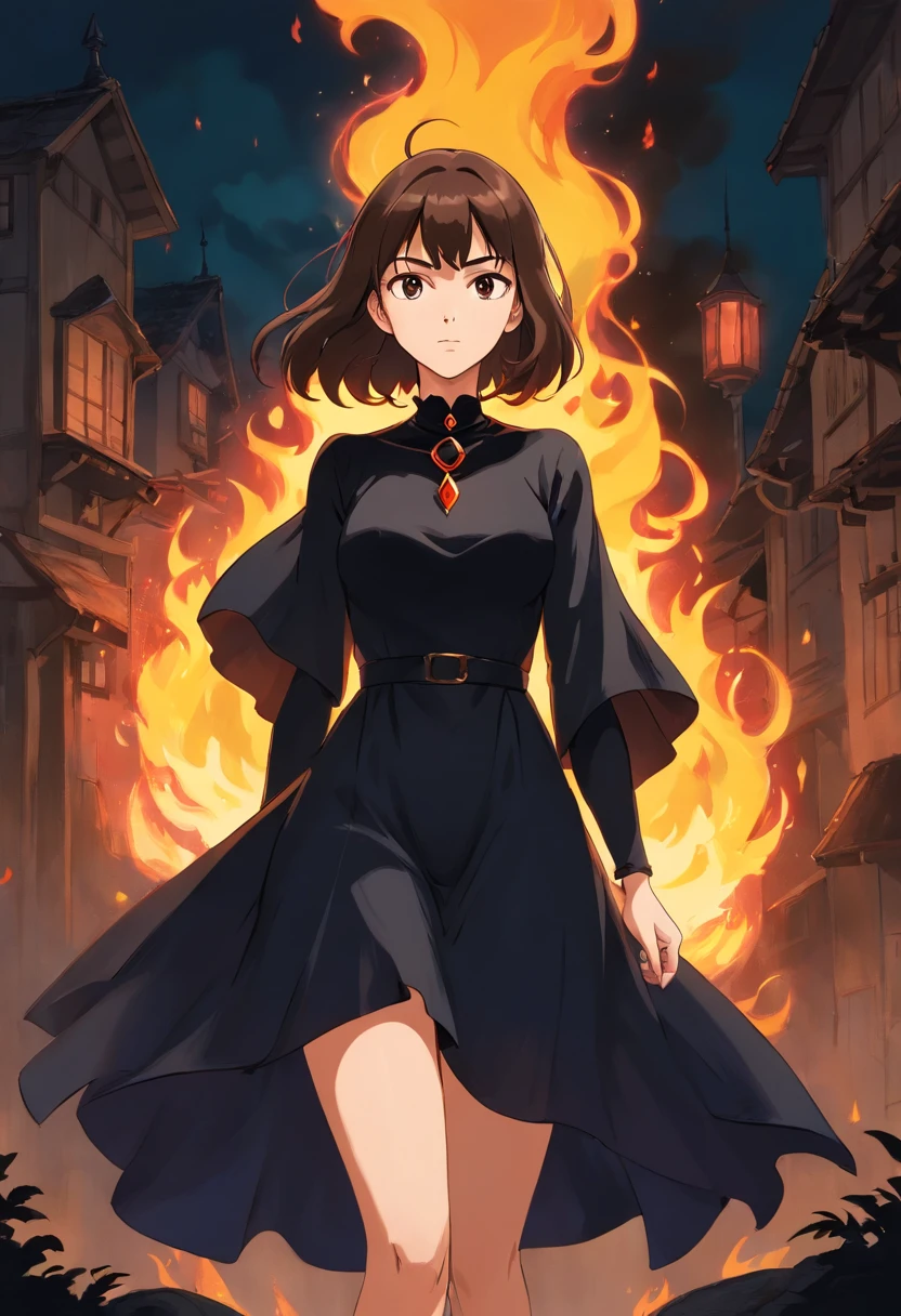 There is a woman standing, witchy, Black Dress, Brown straight hair, chocker on neck. There is a flame around, Dark color scheme, An evil expression on his face, Danger, Works Magic, Monica Bellucci